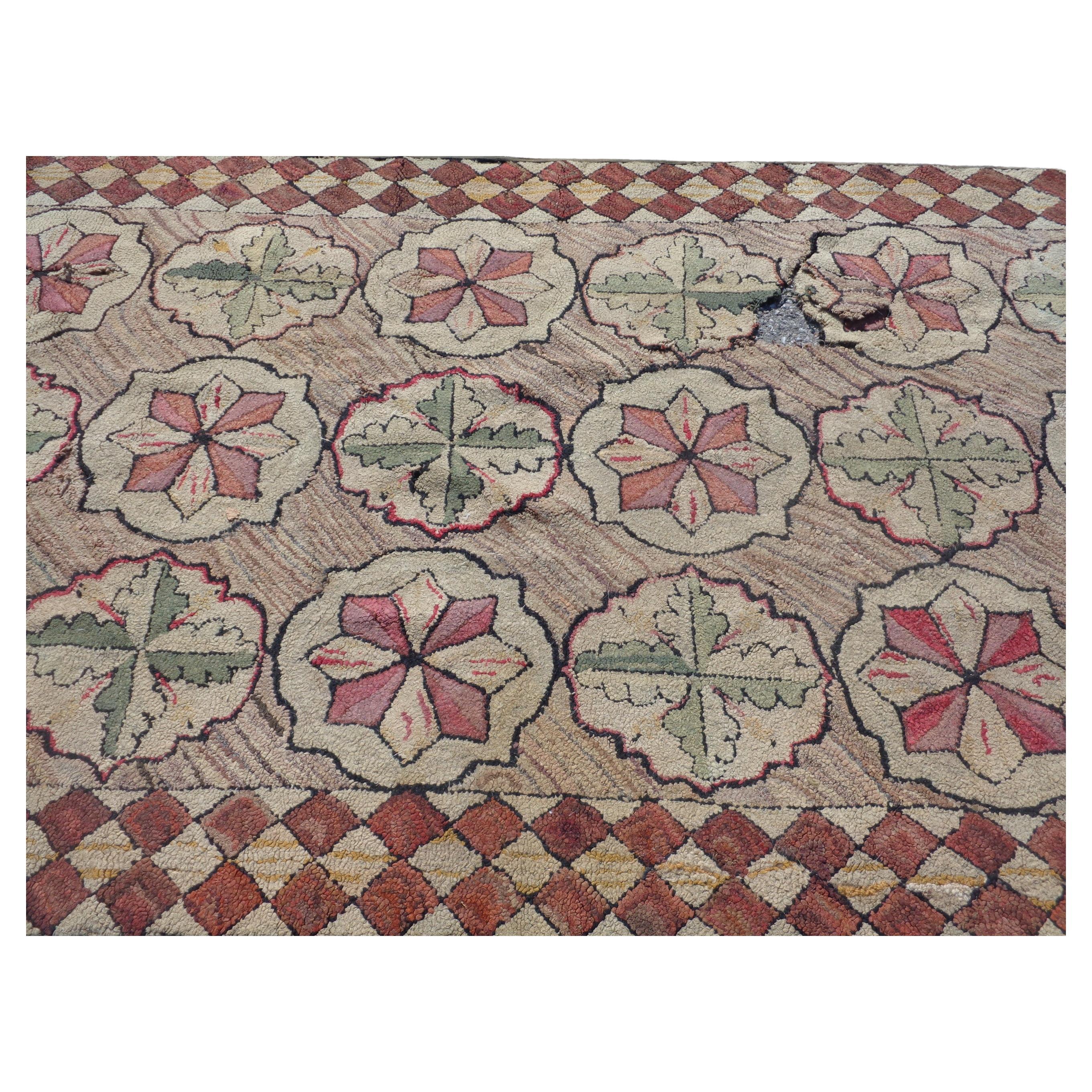19th Century Antique American Hand Woven Hooked Rug Long Runner, Circa 1880-1900 For Sale