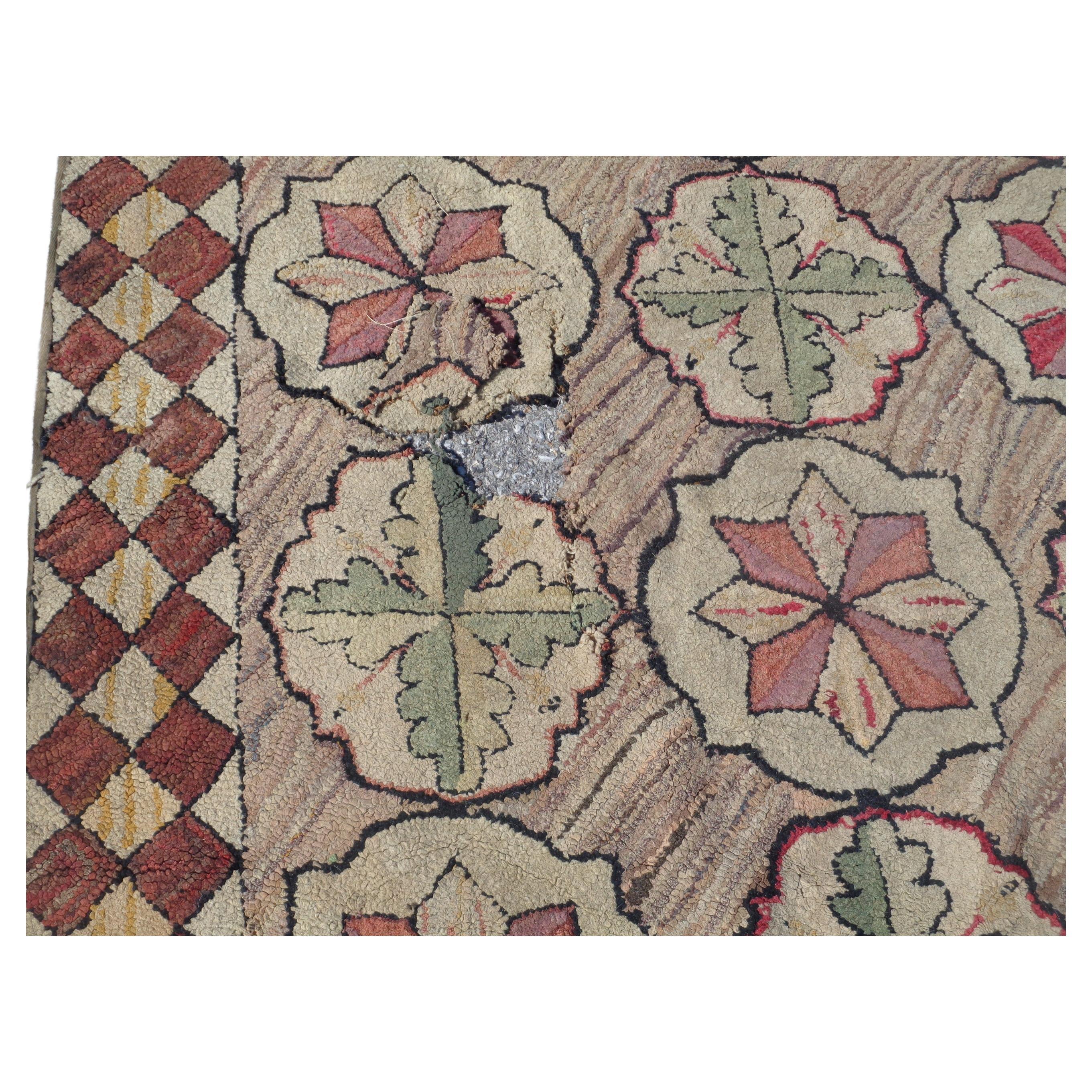 Wool Antique American Hand Woven Hooked Rug Long Runner, Circa 1880-1900 For Sale