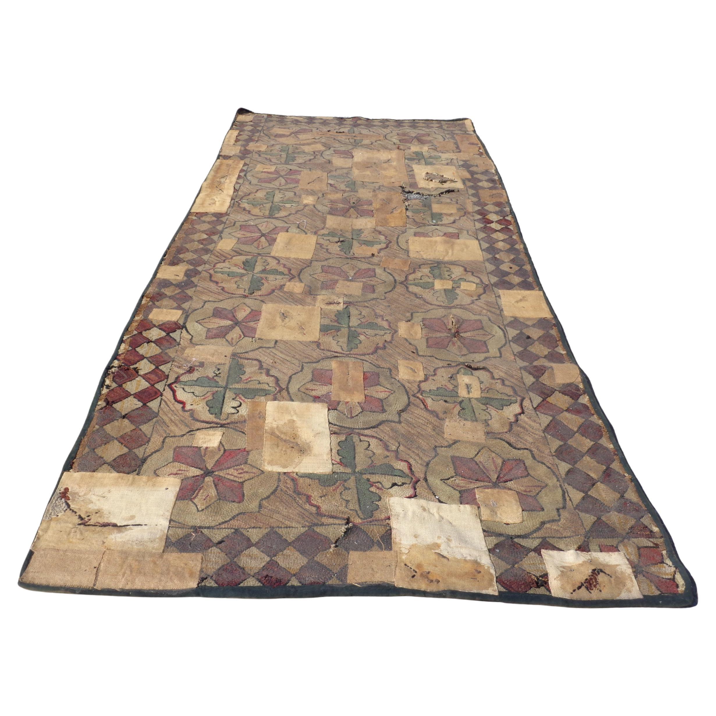 Antique American Hand Woven Hooked Rug Long Runner, Circa 1880-1900 For Sale 1