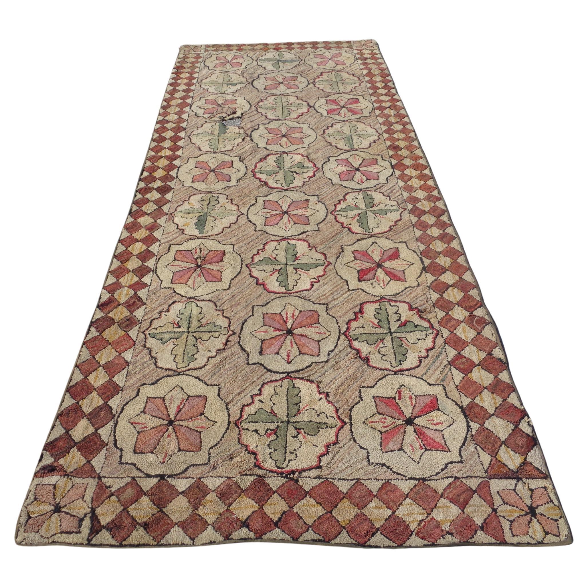 Antique American Hand Woven Hooked Rug Long Runner, Circa 1880-1900