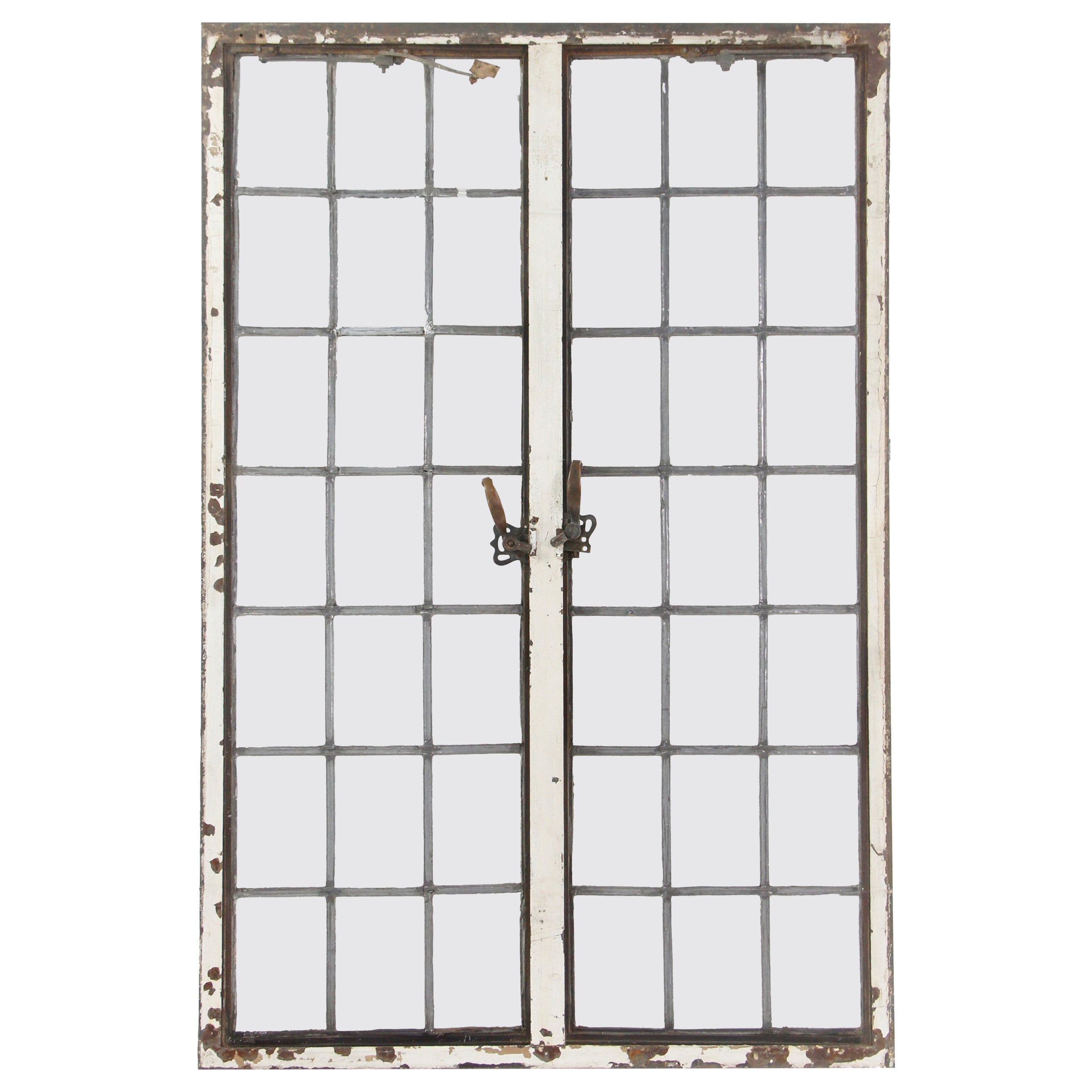 Antiker amerikanischer Blei-Doppelgehäuse-Fenster-Stahlrahmen mit Bronzegriffen