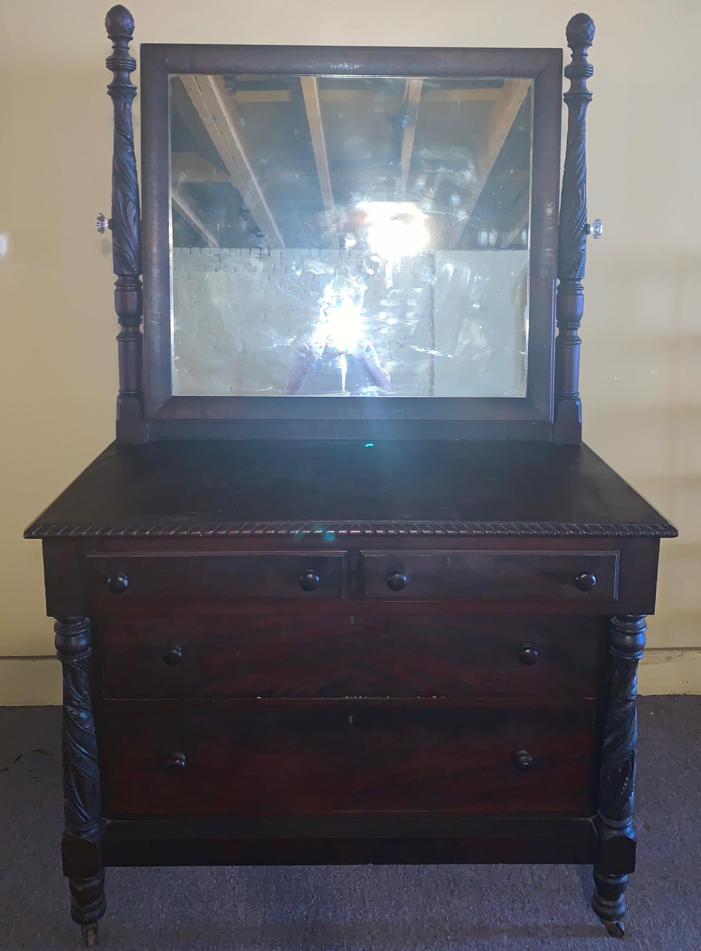 Antique American mahogany chest and mirror, circa 1860. 
 