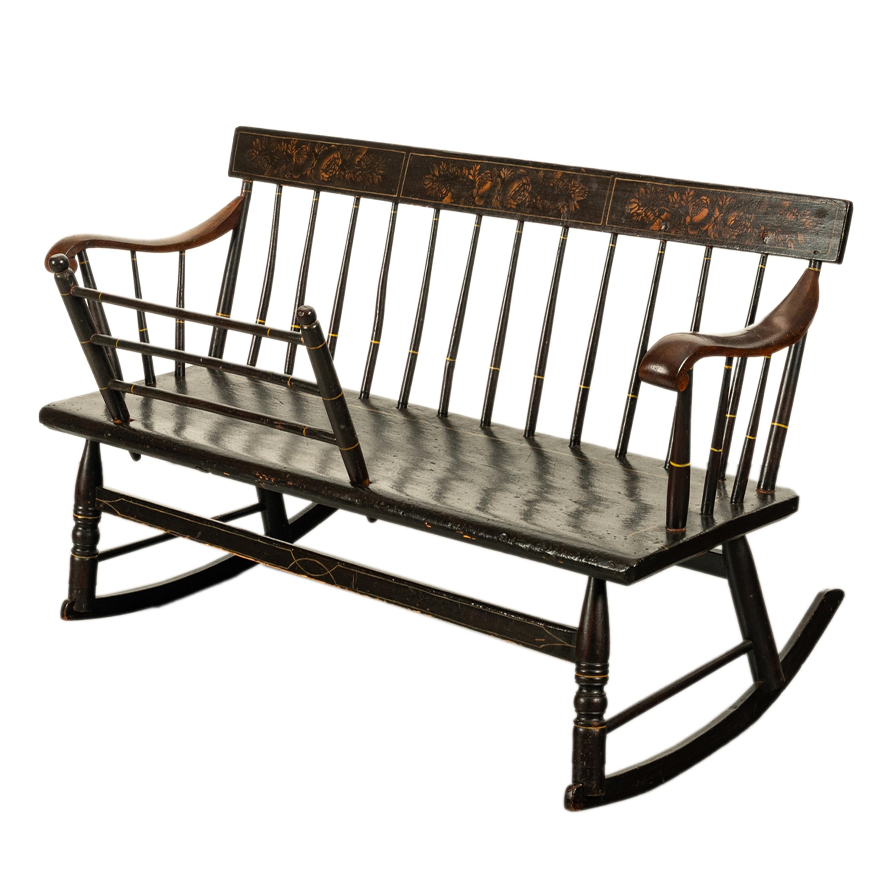 Antique American Mammy Rocking Windsor Rocking Bench Settee Original Paint 1835 4