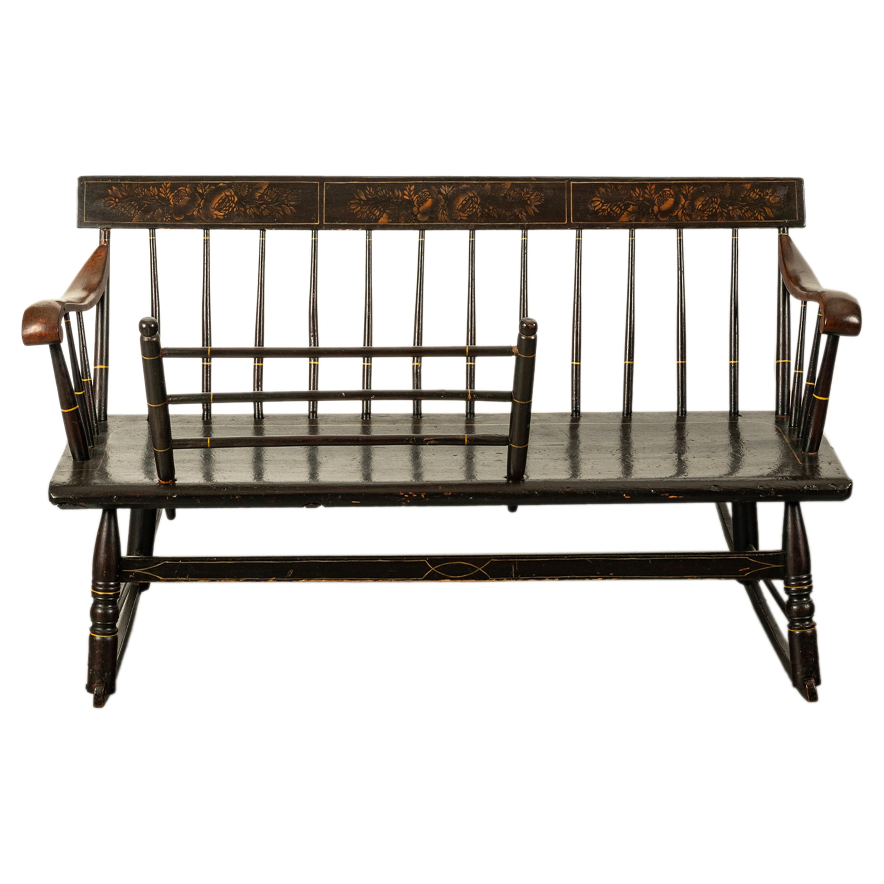 American Empire Antique American Mammy Rocking Windsor Rocking Bench Settee Original Paint 1835