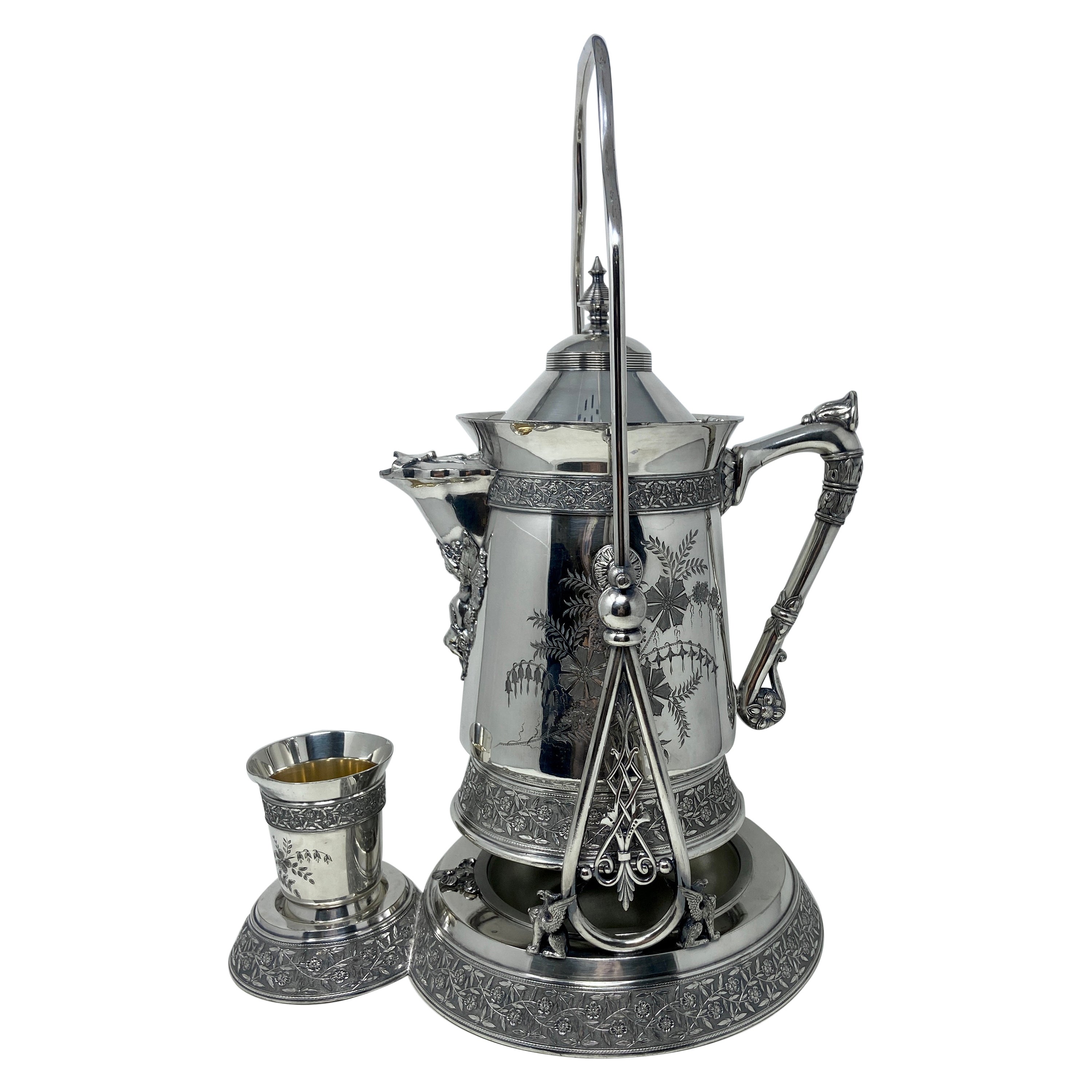 Antique American "Meriden Silver Company, " Tilting Water Pitcher w/ Cup, c. 1870