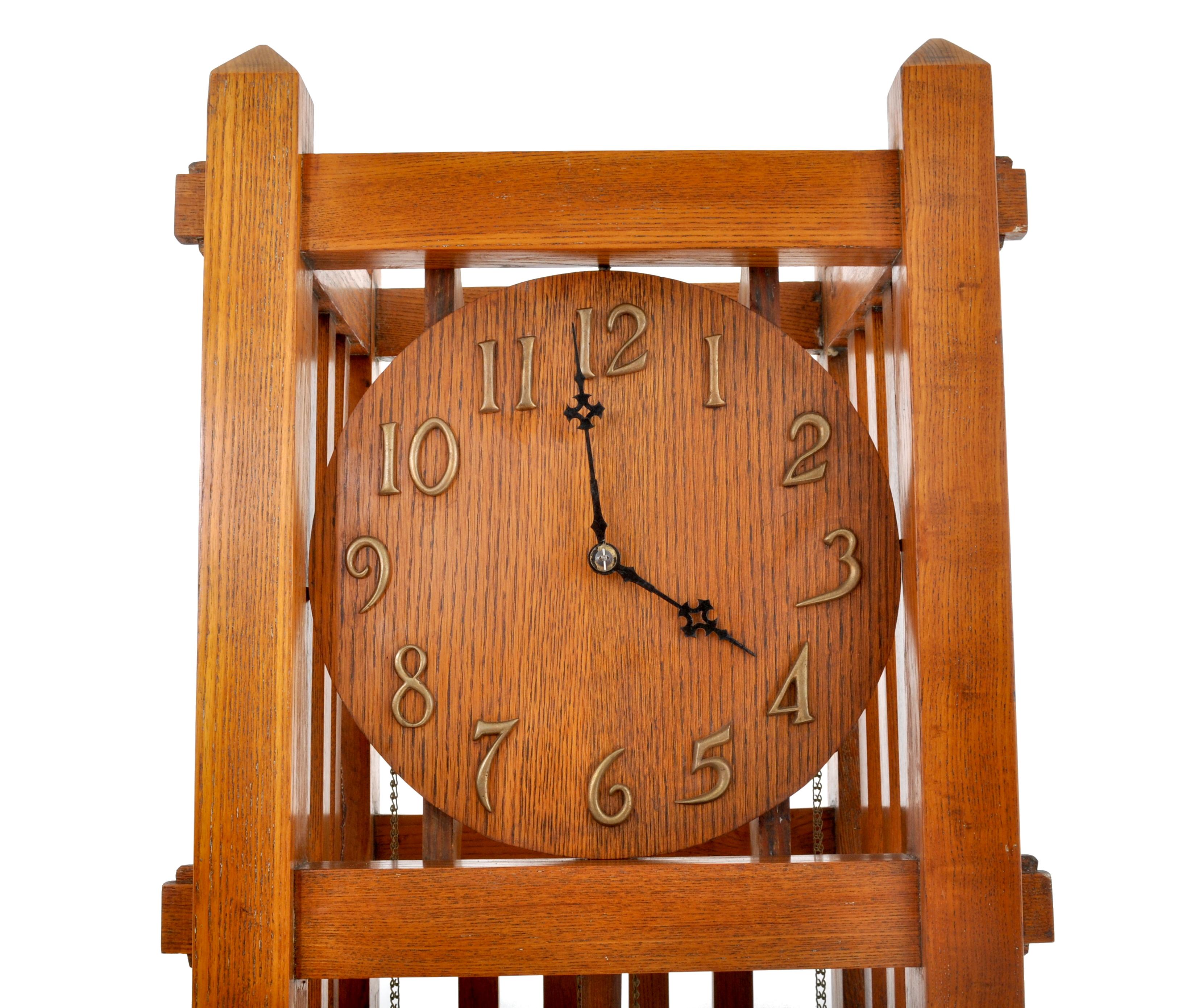 Antique American Mission Arts & Crafts Oak 8-Day Grandfather Clock, circa 1900 1