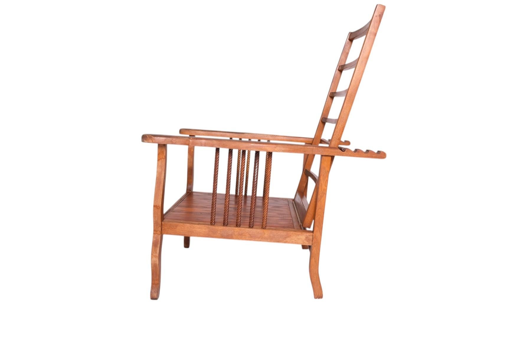 Hardwood Antique American Morris Chair with Ladder-Back and Twisted Spindle Sides For Sale