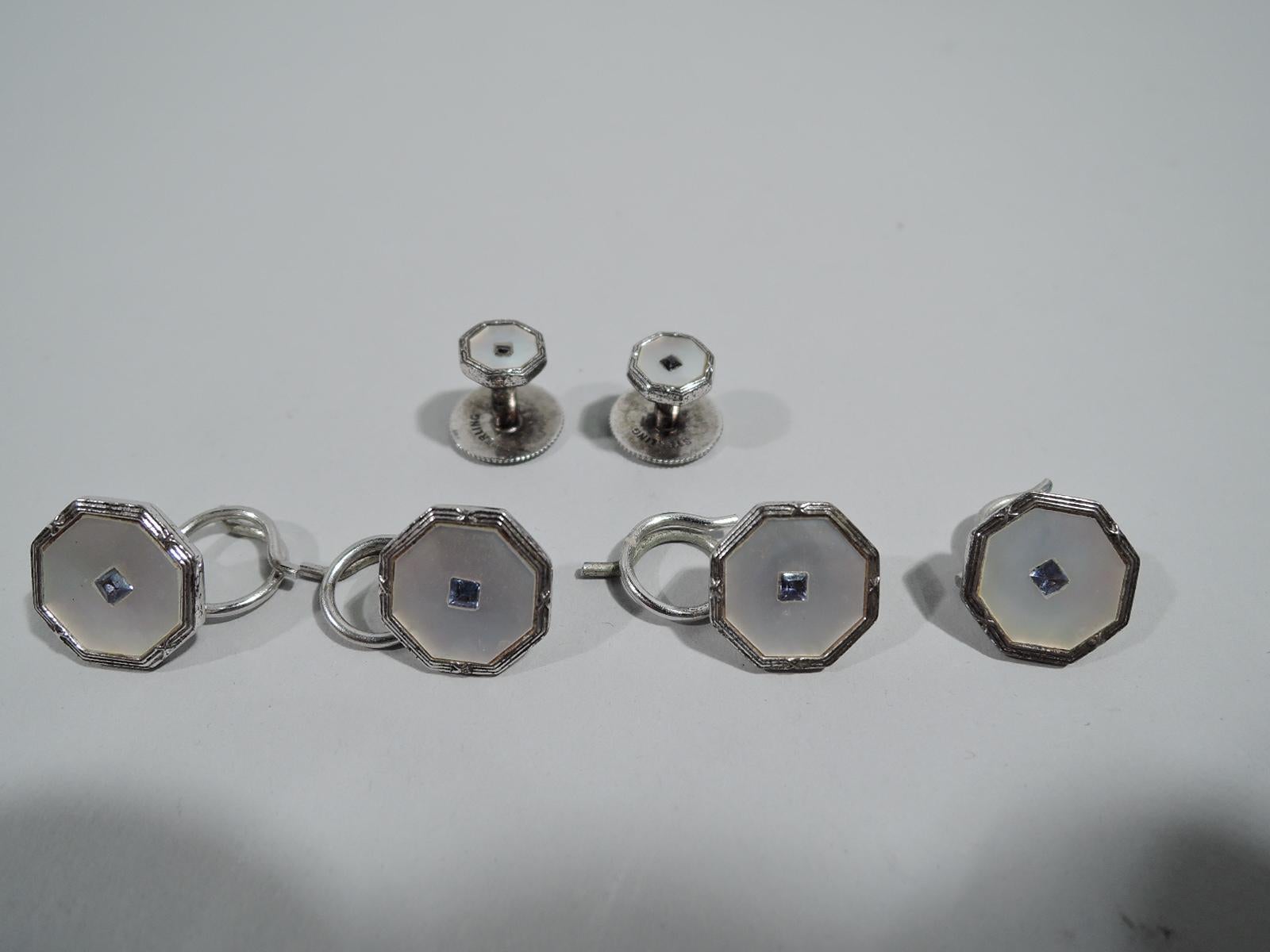 Edwardian Antique American Mother-of-Pearl & Sapphire Cufflink Stud Button Set