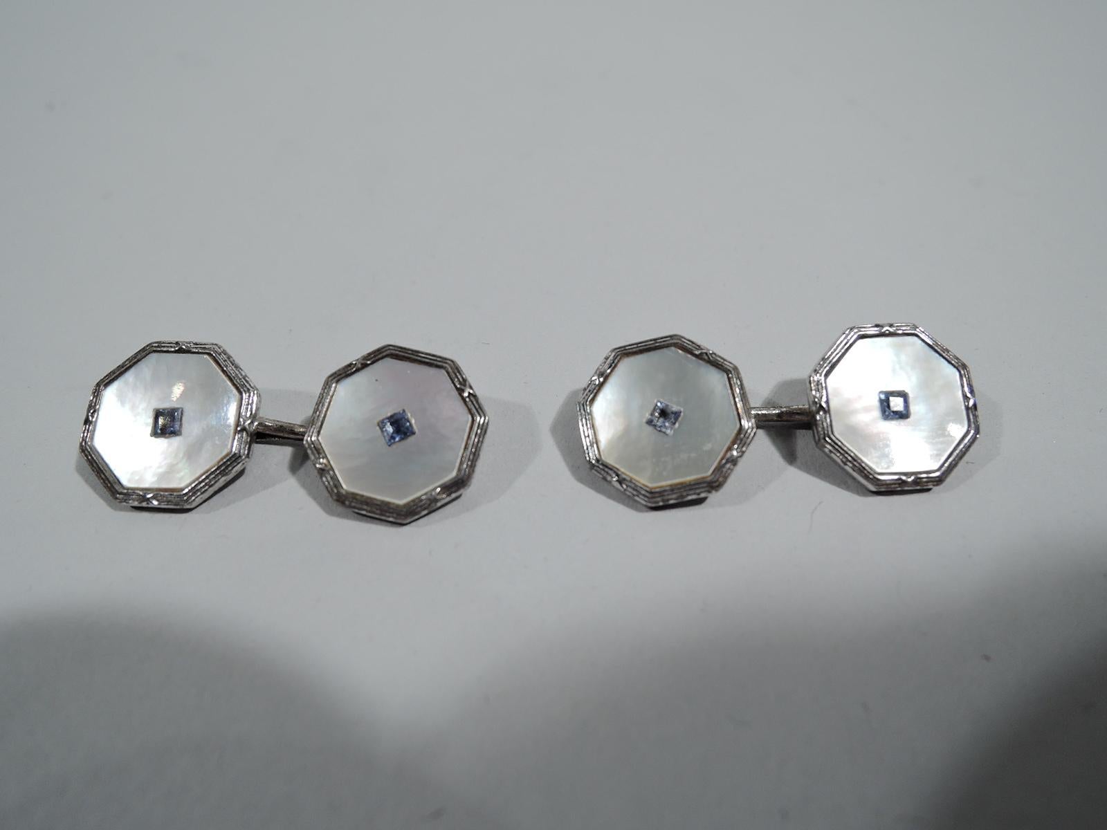 Square Cut Antique American Mother-of-Pearl & Sapphire Cufflink Stud Button Set