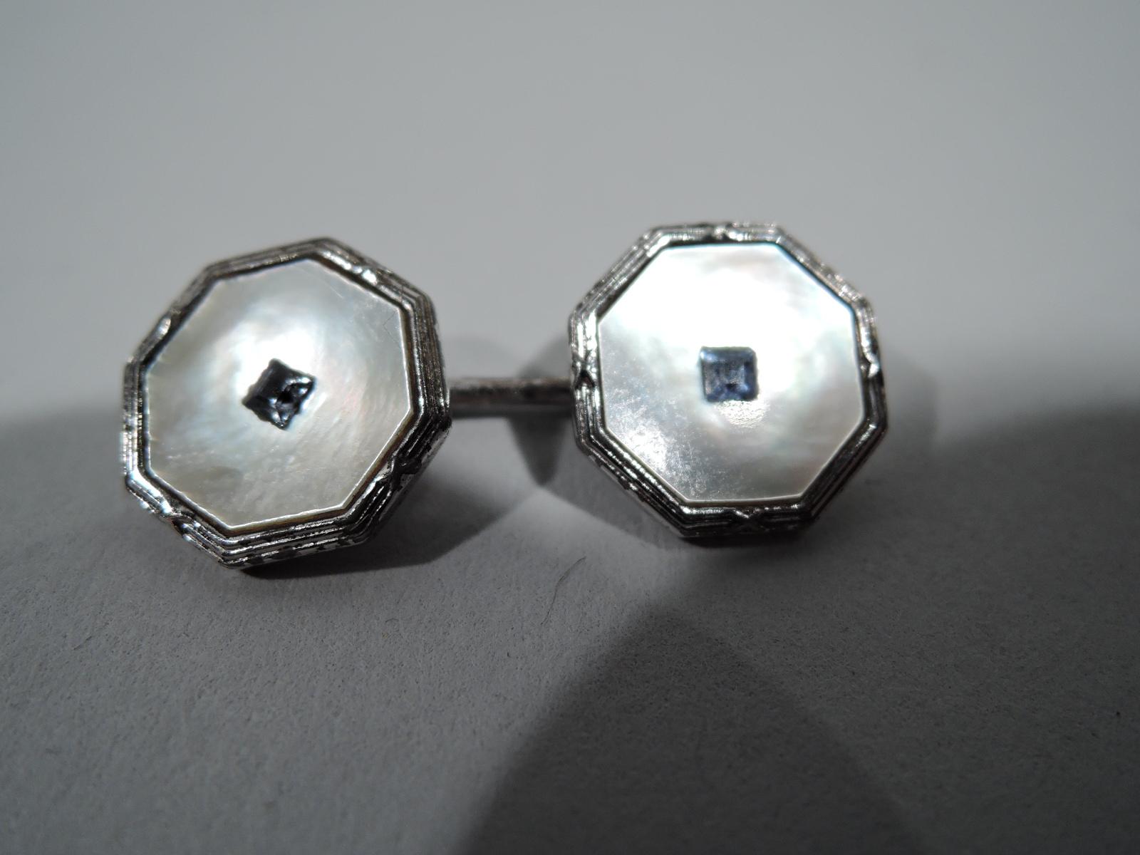Antique American Mother-of-Pearl & Sapphire Cufflink Stud Button Set In Good Condition In New York, NY