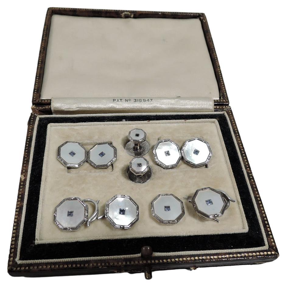 Antique American Mother-of-Pearl & Sapphire Cufflink Stud Button Set