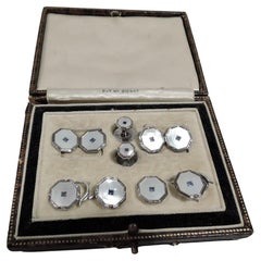Antique American Mother-of-Pearl & Sapphire Cufflink Stud Button Set