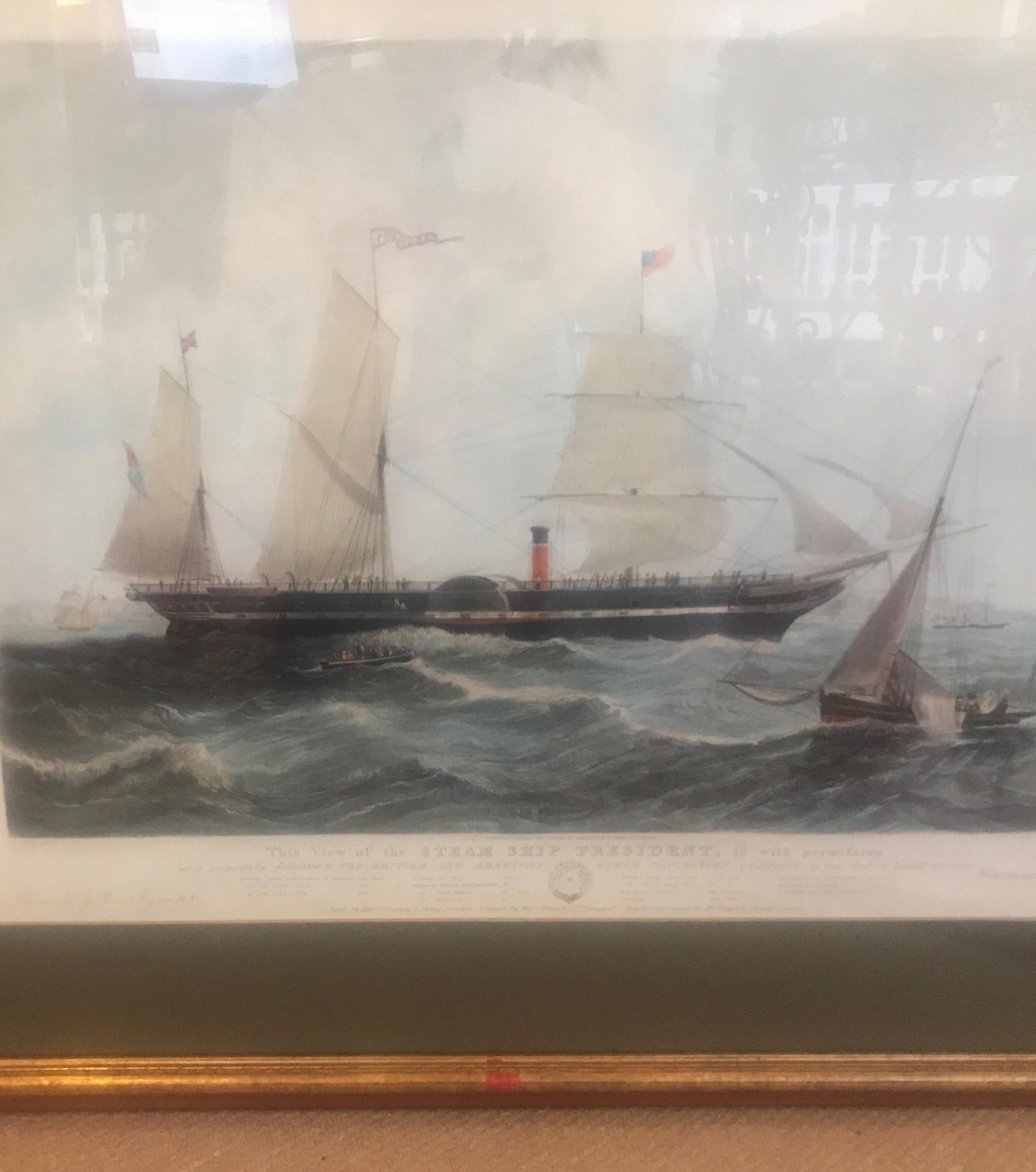 A hand colored copper engraving print of an American steamship published by President Ackermann & Co, London, 1840 in a later frame under glass.

  