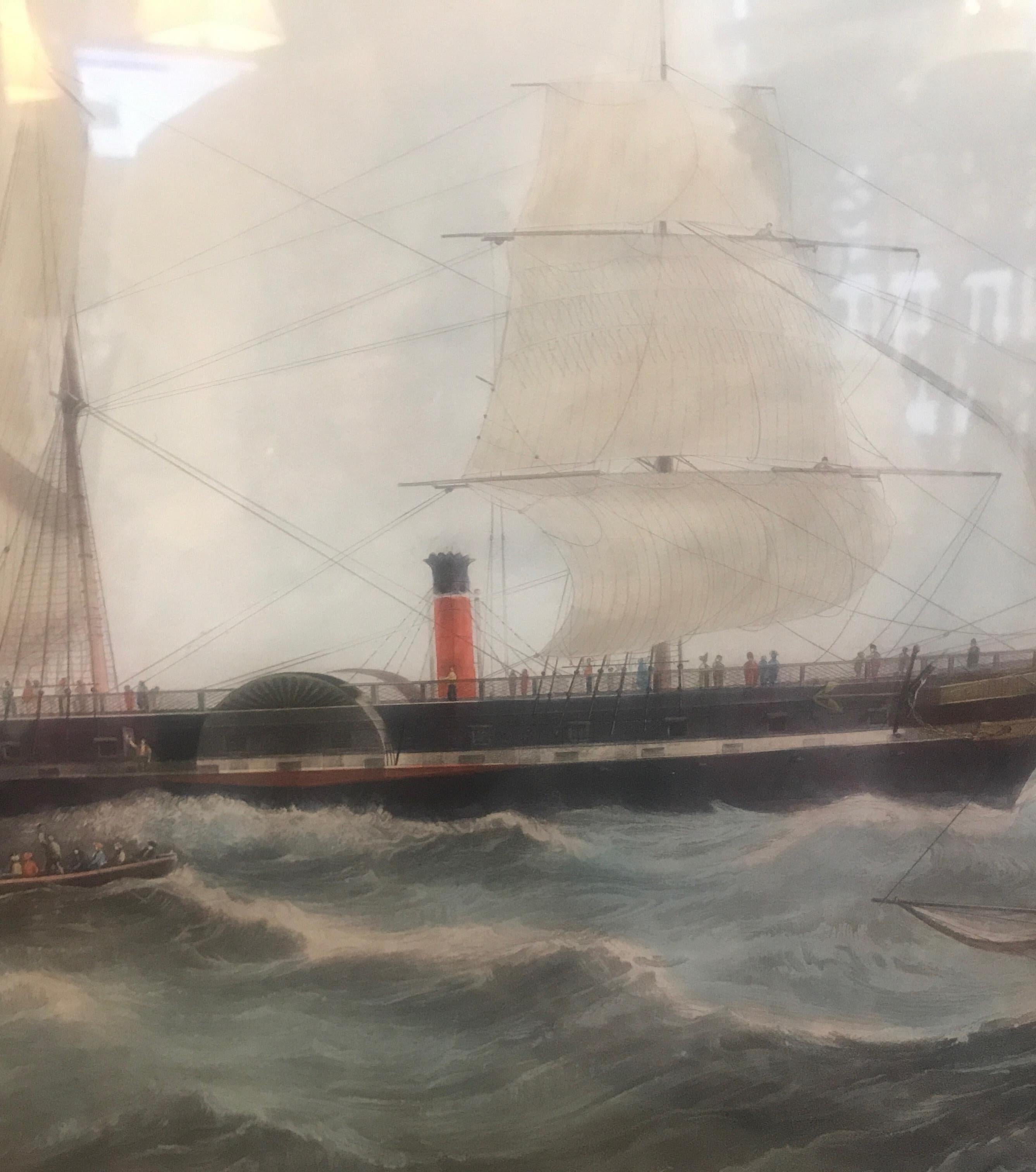 Antiker amerikanischer nautischer Segelboot-Stickerei, handkolorierte Gravur (Englisch) im Angebot
