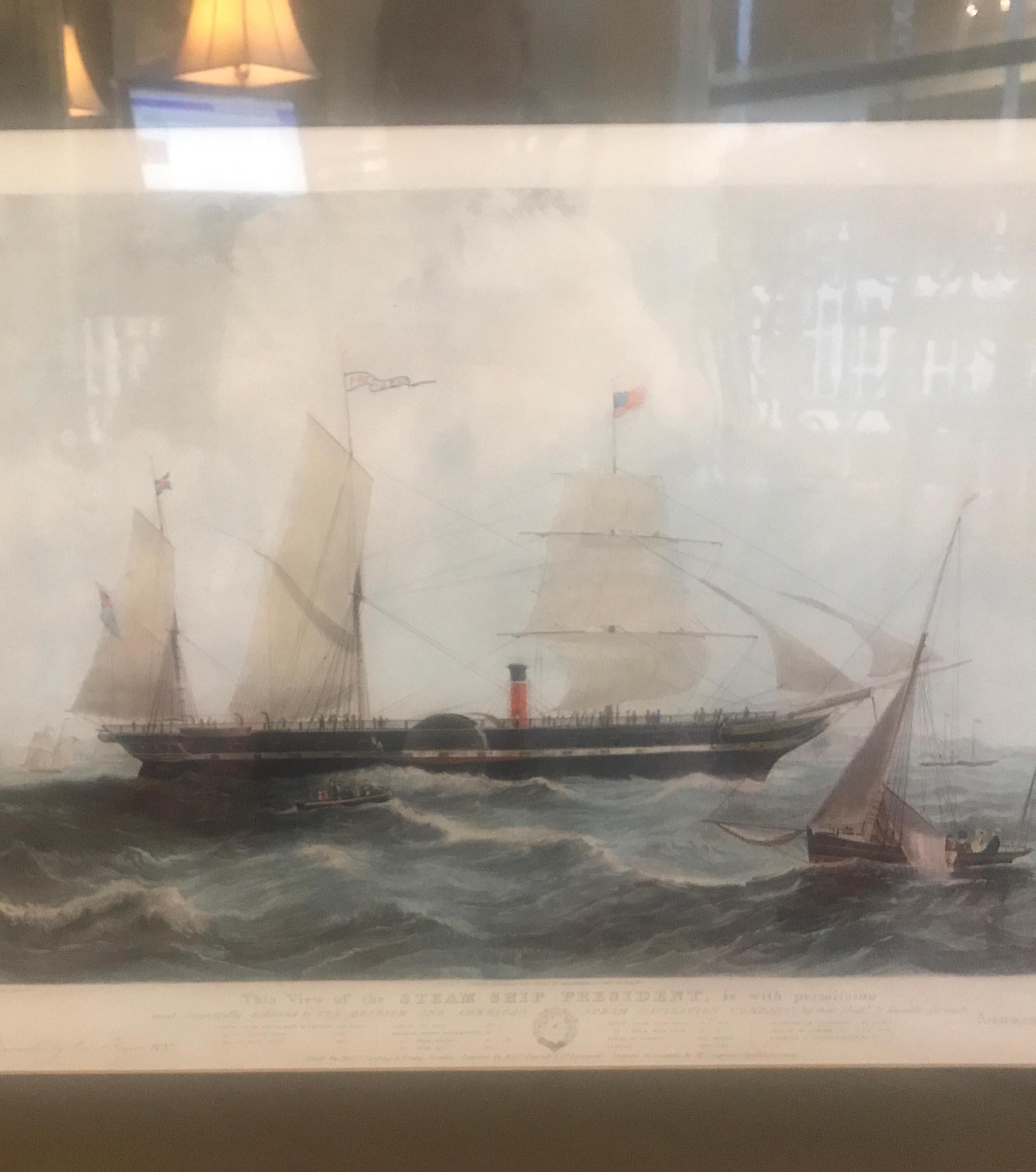 Antiker amerikanischer nautischer Segelboot-Stickerei, handkolorierte Gravur im Zustand „Gut“ im Angebot in Lambertville, NJ