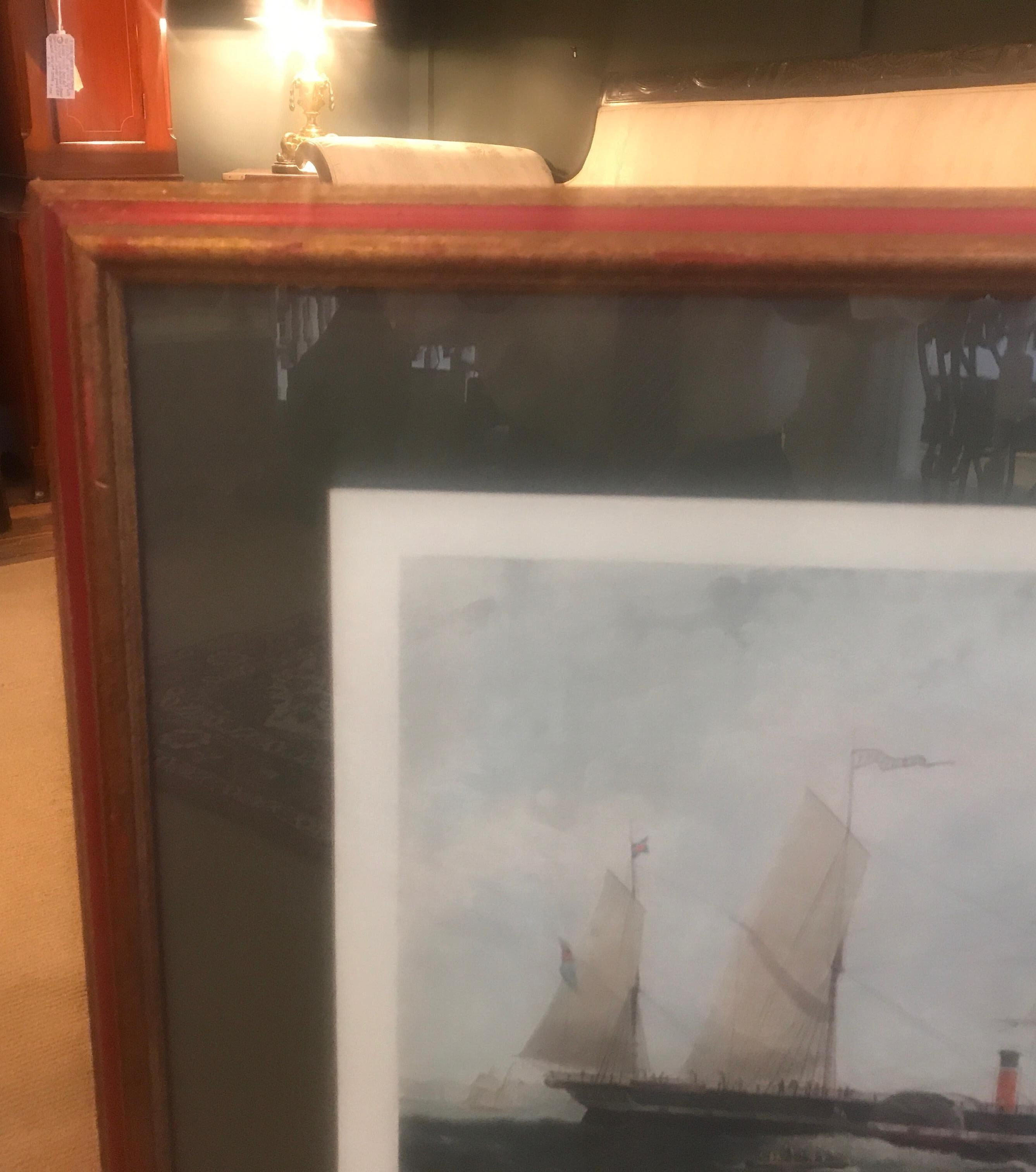 Antiker amerikanischer nautischer Segelboot-Stickerei, handkolorierte Gravur (Mittleres 19. Jahrhundert) im Angebot