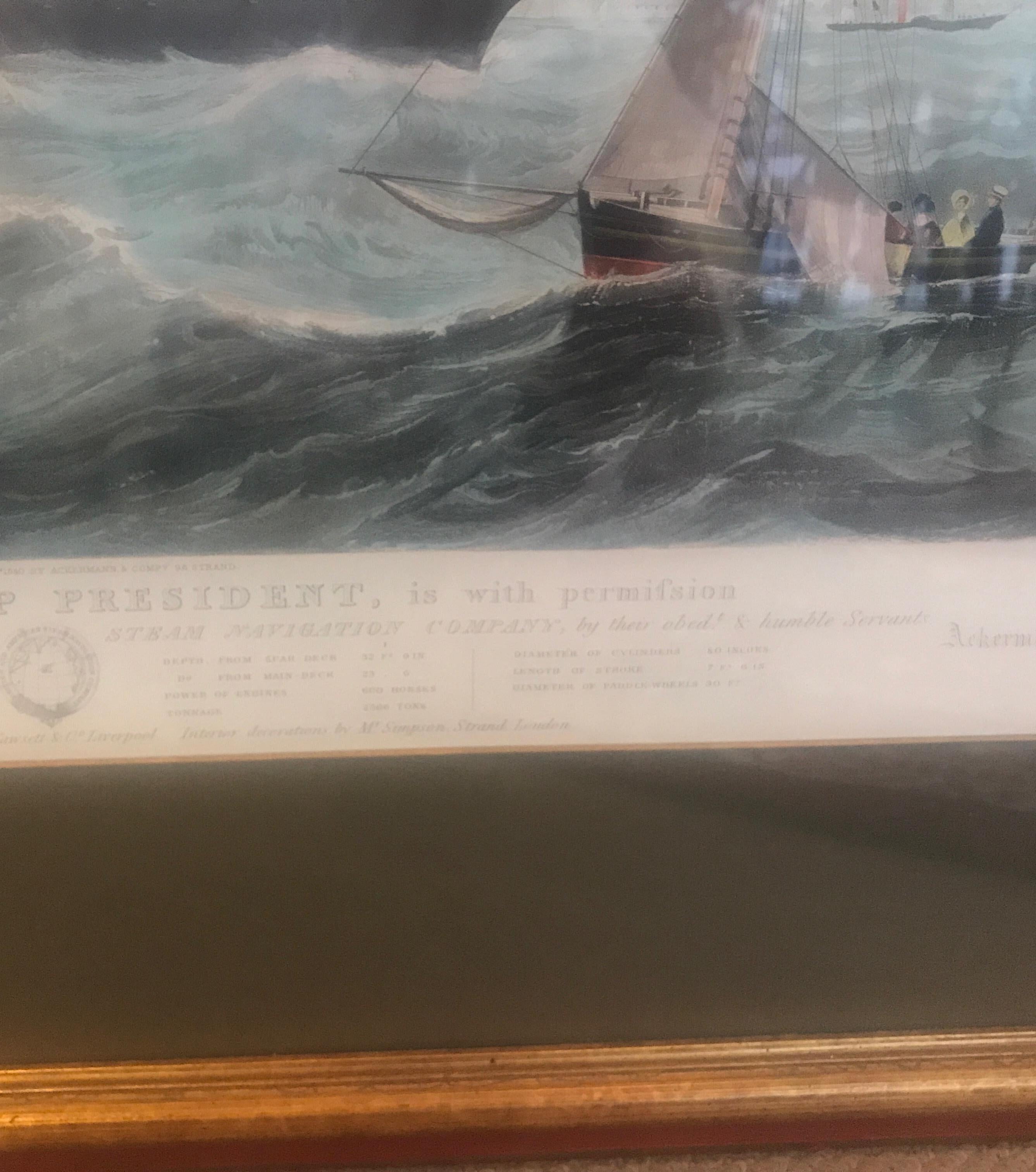 Antiker amerikanischer nautischer Segelboot-Stickerei, handkolorierte Gravur im Angebot 1