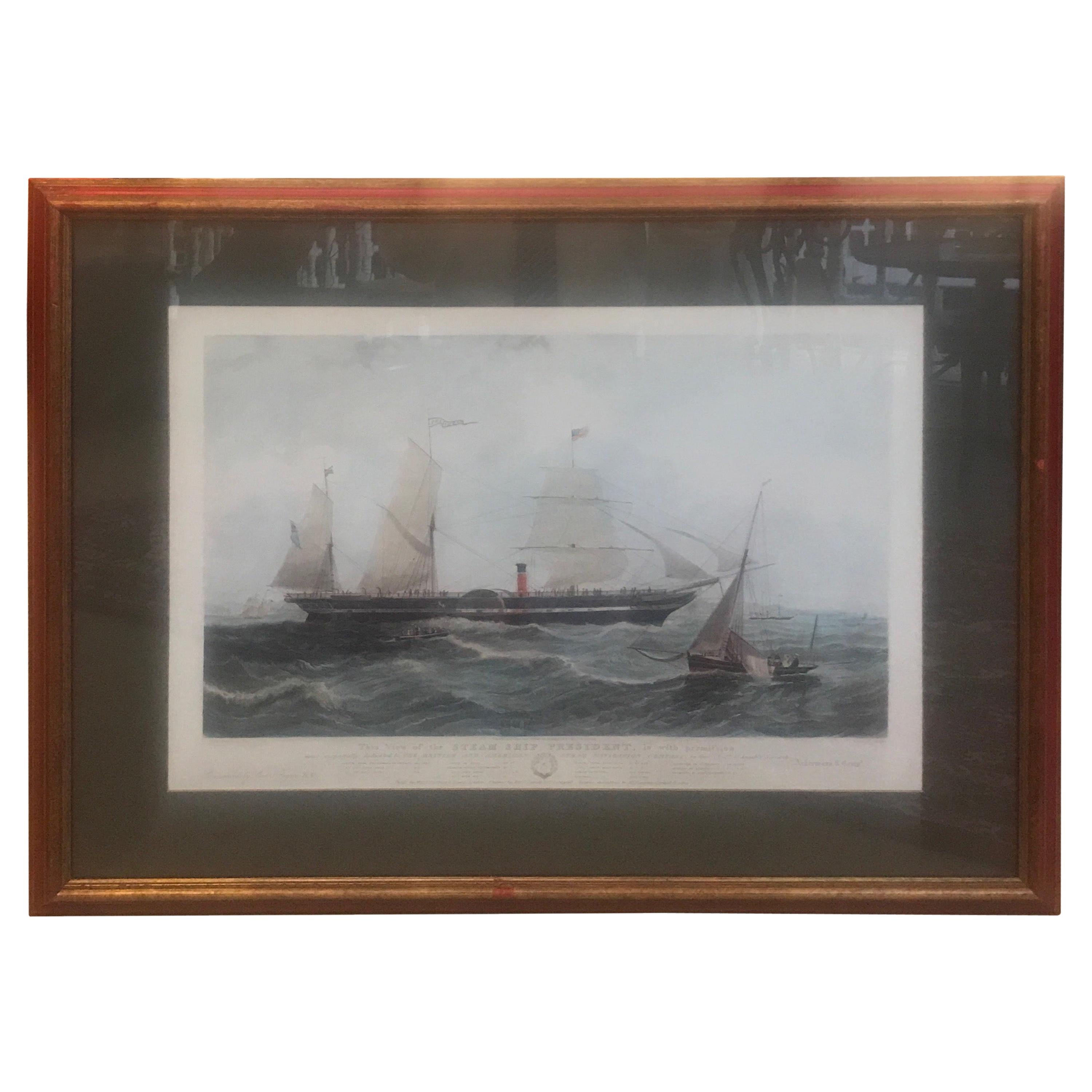 Antique American Nautical Sailboat Hand Colored Engraving