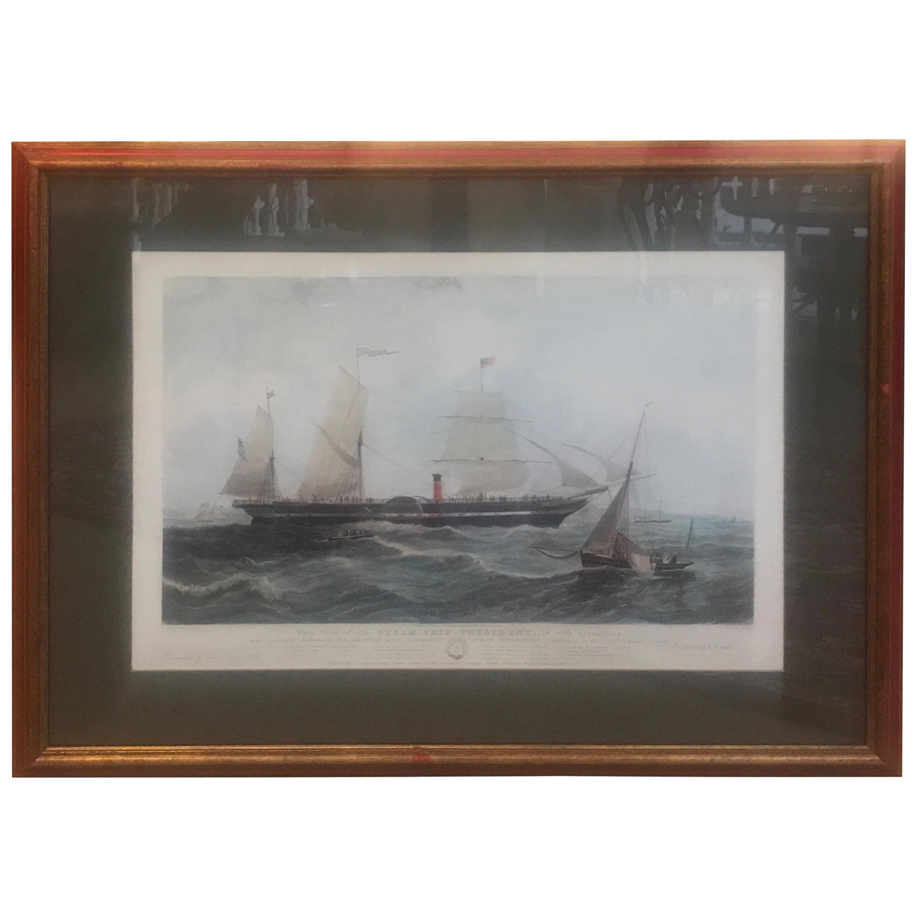 Antiker amerikanischer nautischer Segelboot-Stickerei, handkolorierte Gravur im Angebot