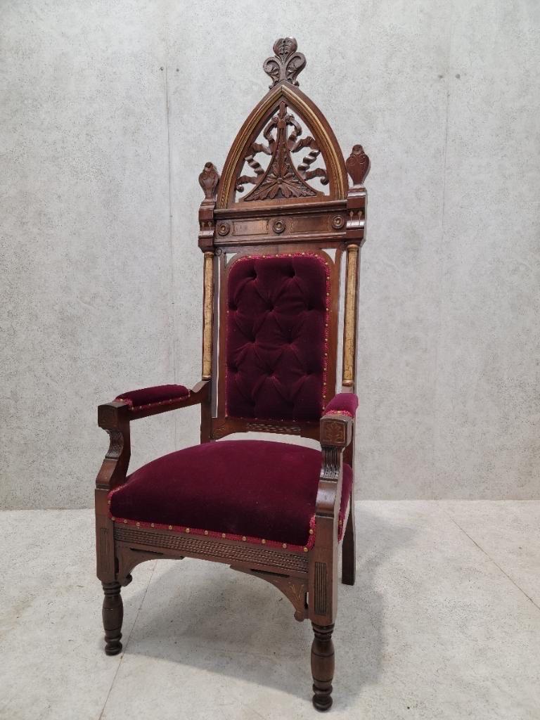 Antique American Neo-Gothic Bishop Throne Tufted Chair Newly Upholstered in 