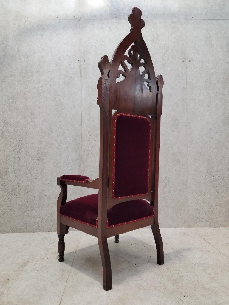 Gothic Revival Antique American Neo-Gothic Bishop Throne Tuft Chair Newly Upholstered in Mohair
