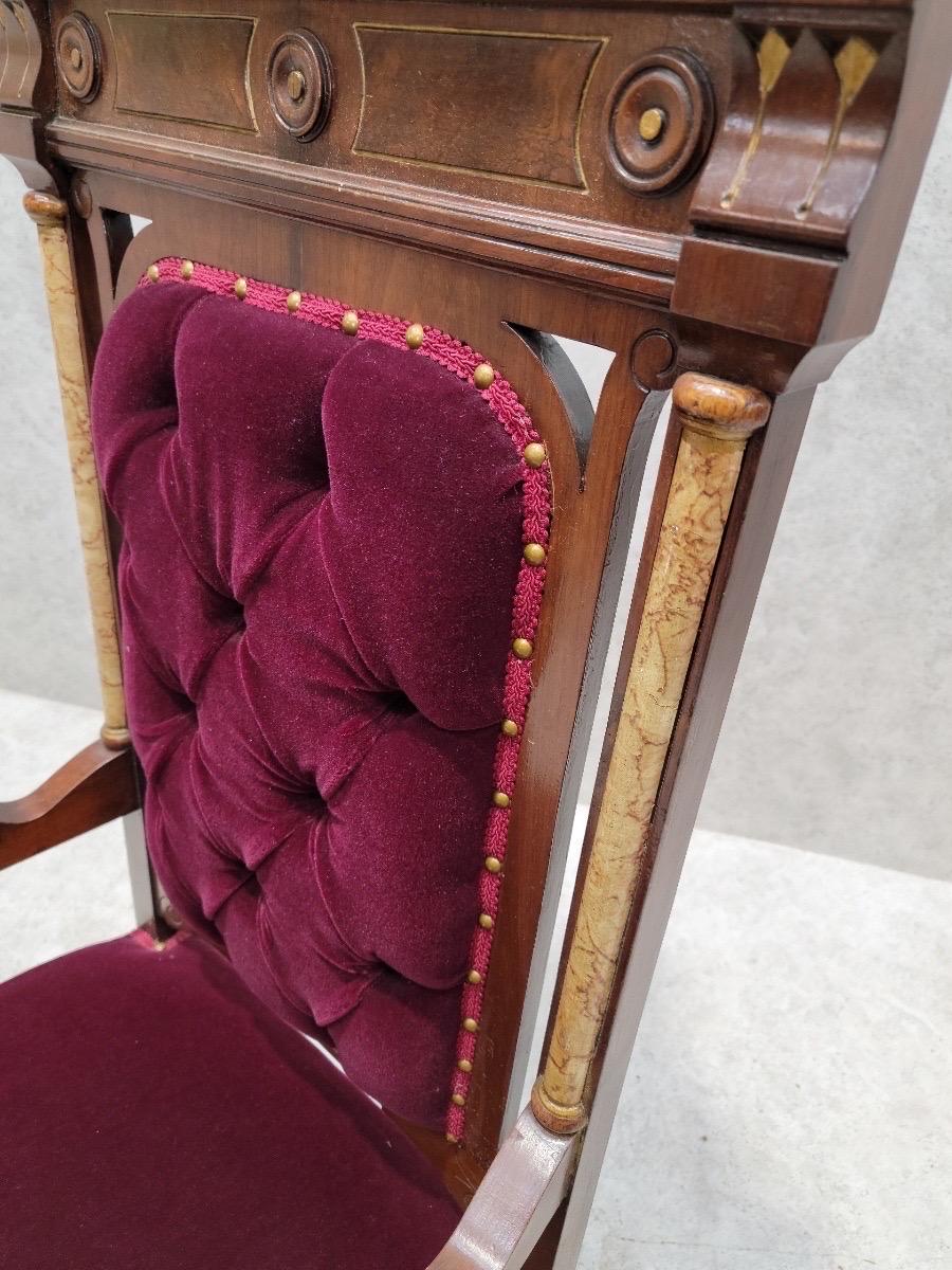 Antique American Neo-Gothic Bishop Throne Tuft Chair Newly Upholstered in Mohair In Good Condition In Chicago, IL