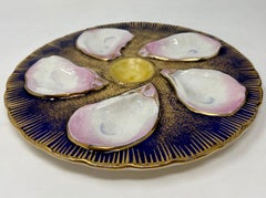 Antique American "New England Pottery" Cobalt Blue & Gold Oyster Plate Ca. 1890