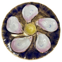 Antique American "New England Pottery" Cobalt Blue & Gold Oyster Plate Ca. 1890