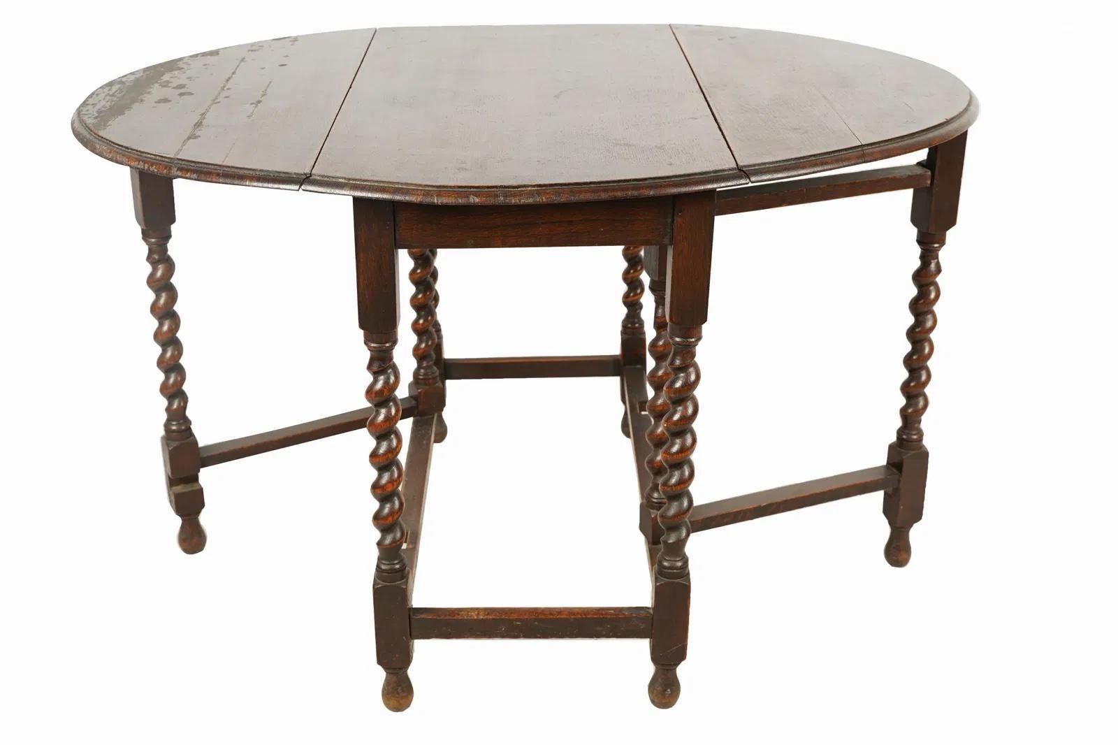 NO AGE : 1750 - 1800

Style de mobilier : Géorgien (1714 - 1830)

Table de salle à manger ancienne de la fin du 18e siècle en chêne foncé teinté Barley Twist Gate Leg Drop Leaf

Note : Cette pièce est destinée à être restaurée en interne - le prix