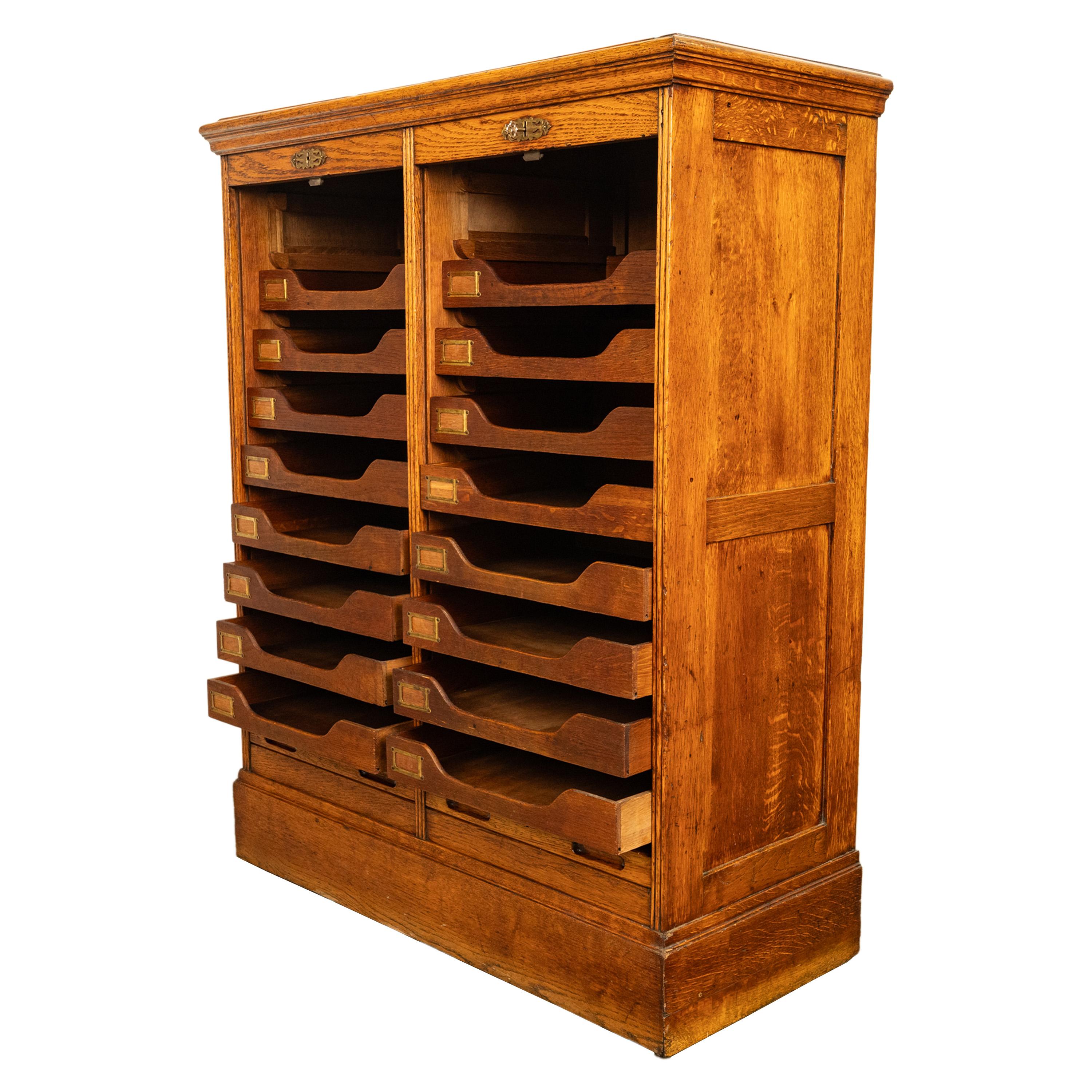 Early 20th Century Antique American Oak Double Tambour Roll Top 16 Drawer Filing Cabinet 1910 For Sale