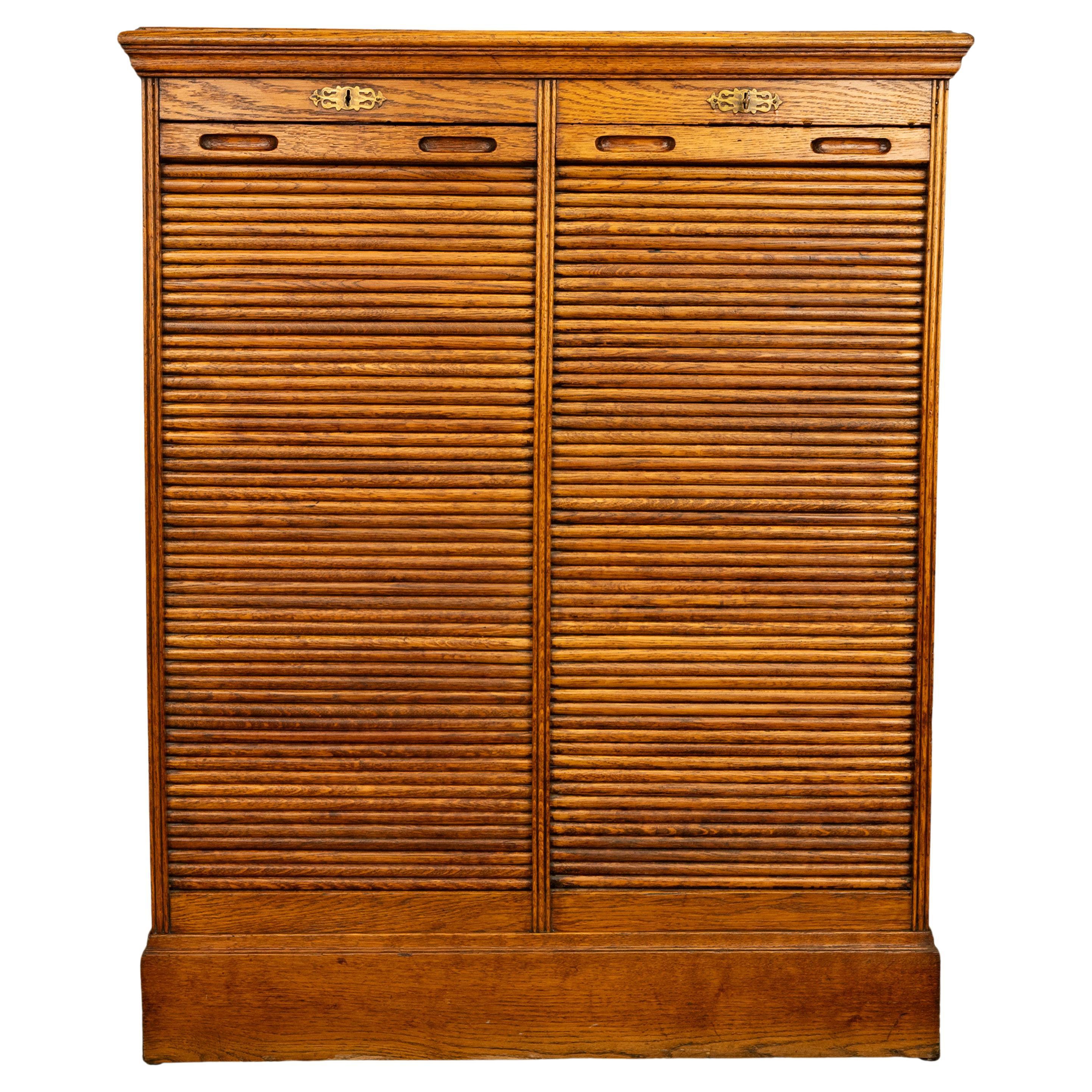 Antique American Oak Double Tambour Roll Top 16 Drawer Filing Cabinet 1910 For Sale