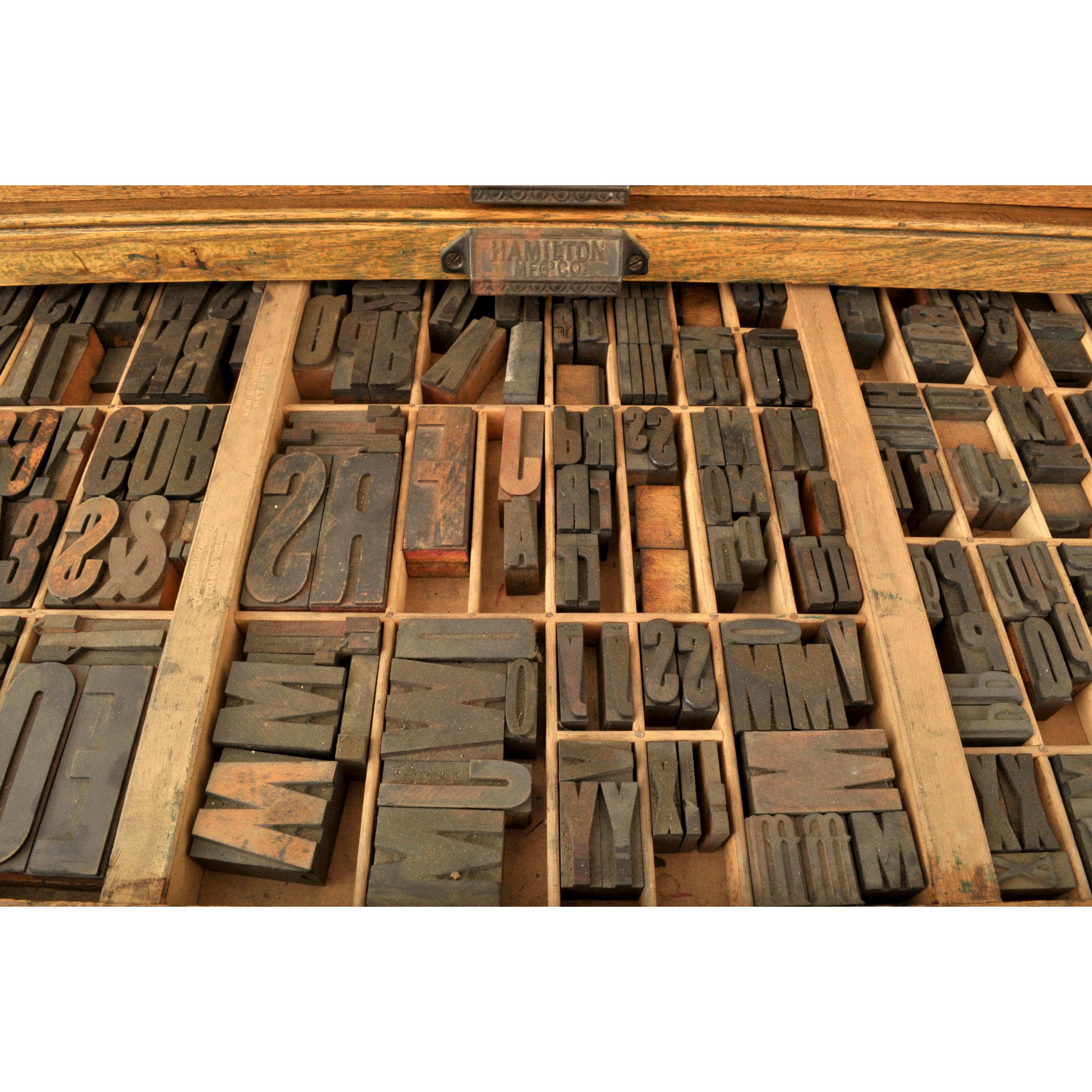 Early 20th Century Antique American Oak Hamilton Moveable Type Print Cabinet Flat File, Circa 1910