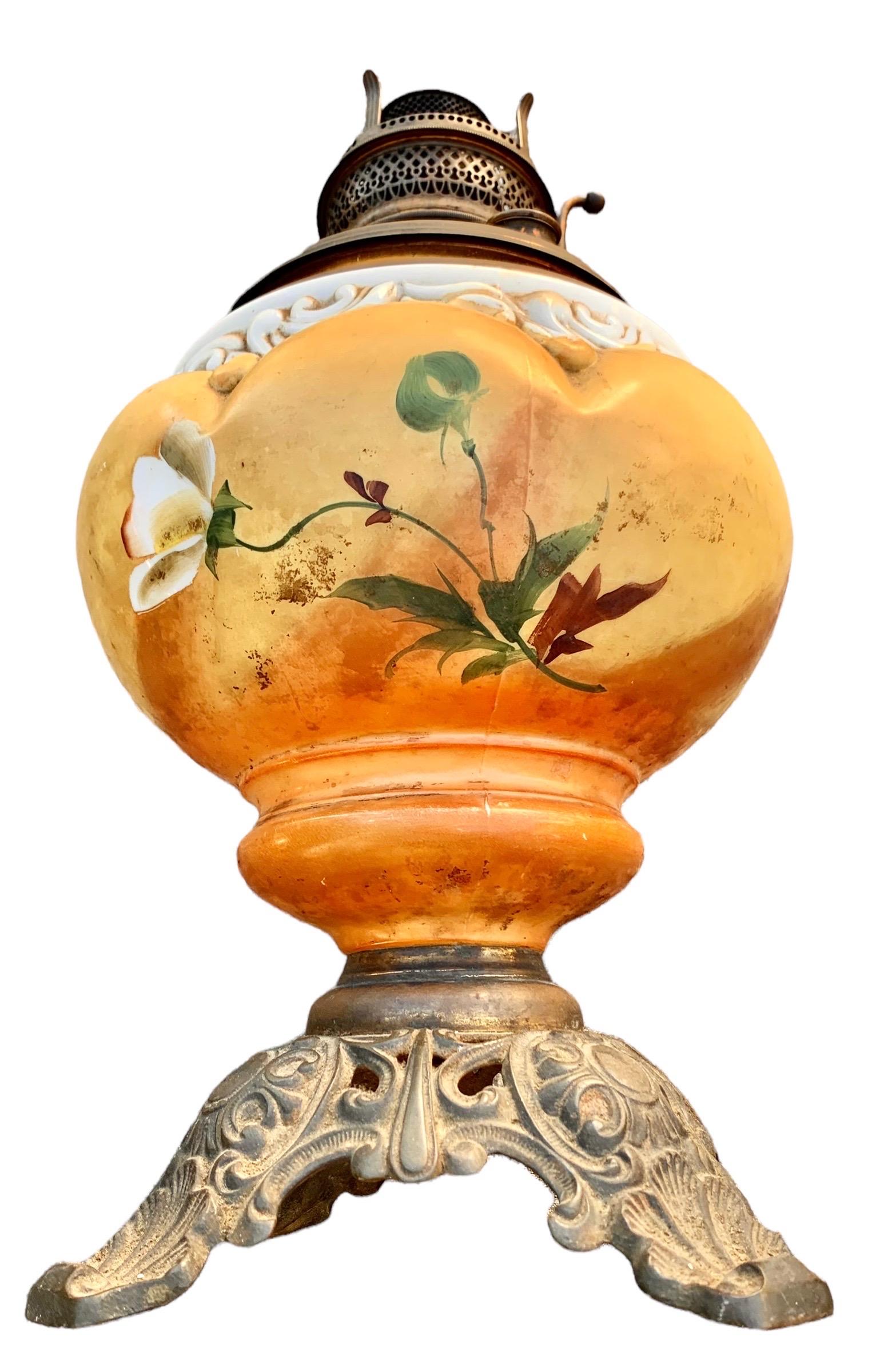 Blown Glass Antique American Oil Lamp With Hand Painted Font and Brass Filigree Base For Sale