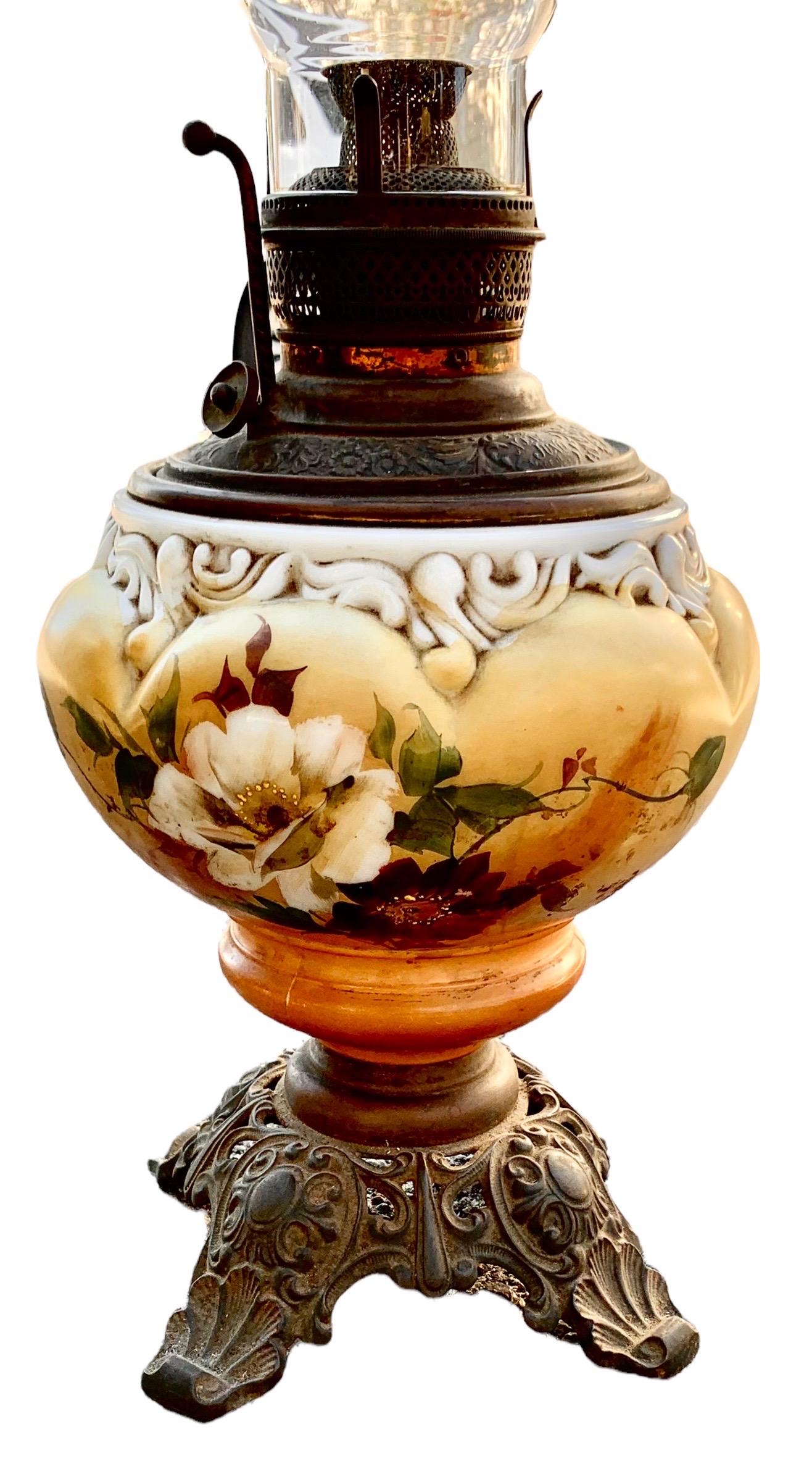 Antique American Oil Lamp With Hand Painted Font and Brass Filigree Base 1