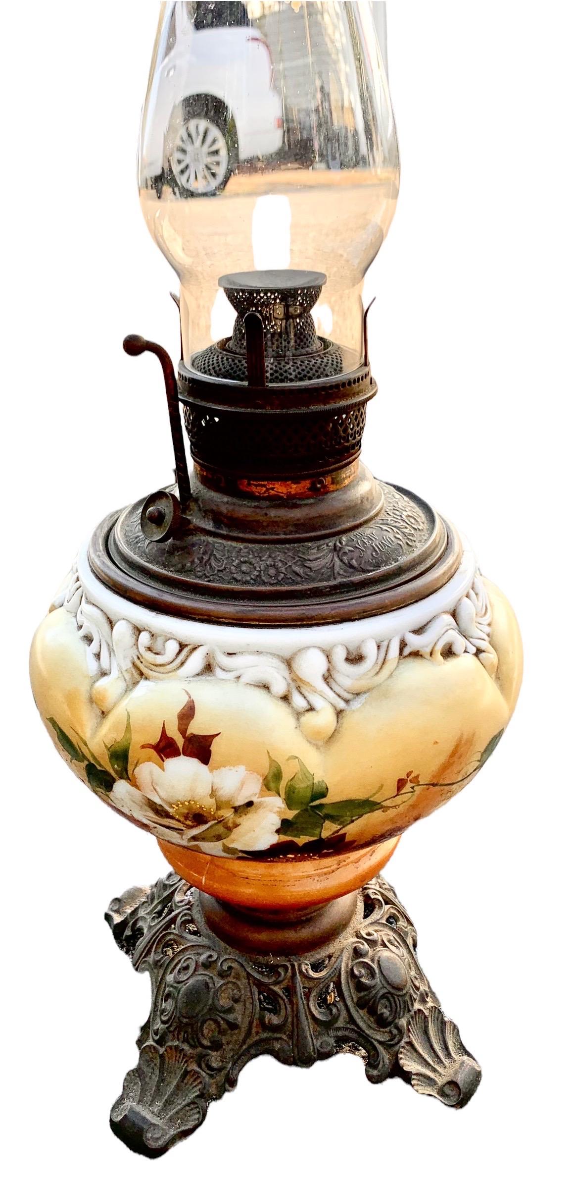 Antique American Oil Lamp With Hand Painted Font and Brass Filigree Base For Sale 2