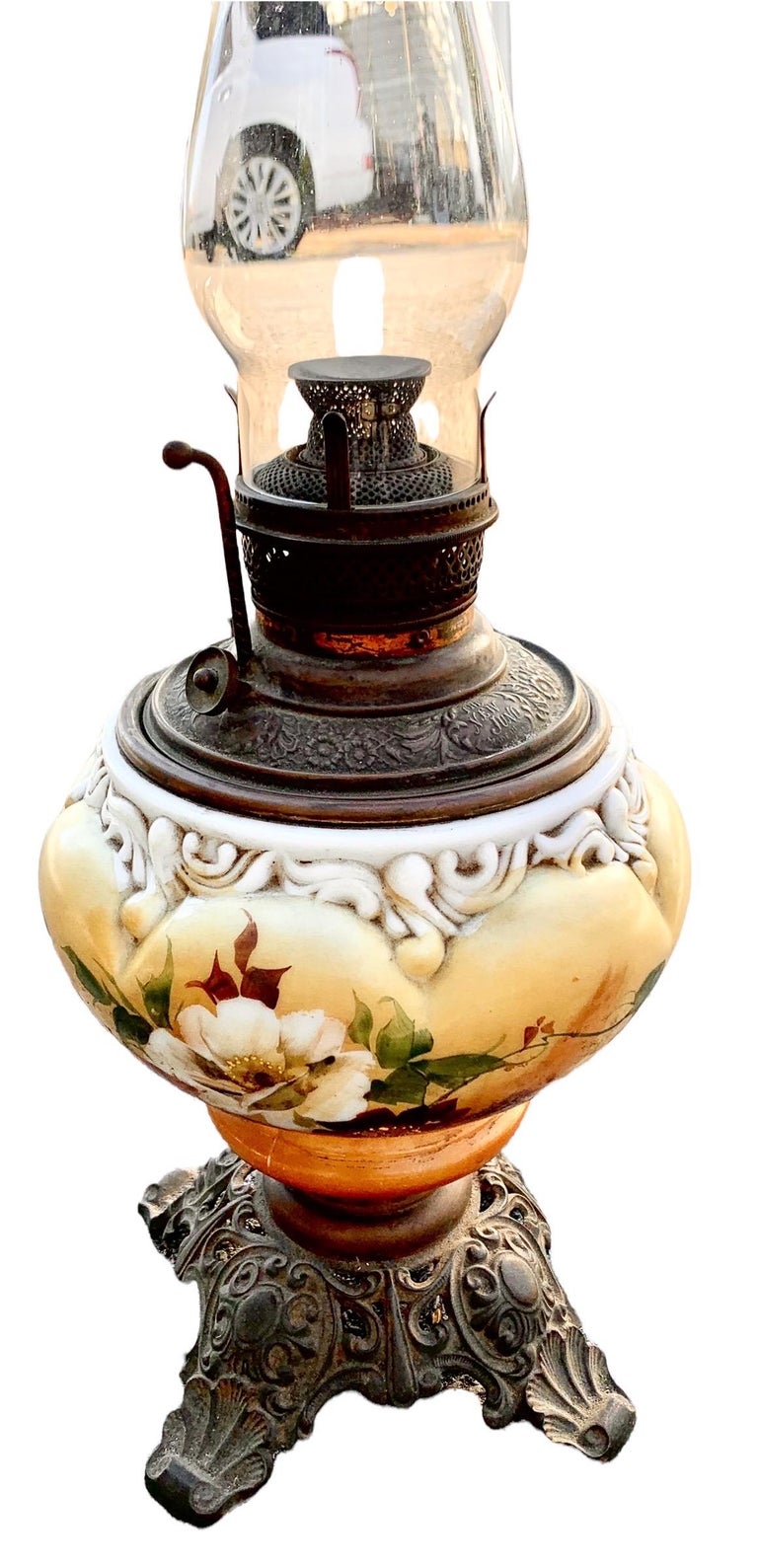 Antique American Oil Lamp With Hand Painted Font and Brass Filigree Base at  1stDibs | oil lamp painting, antique hand painted oil lamps, filigree font, image size:768x1589