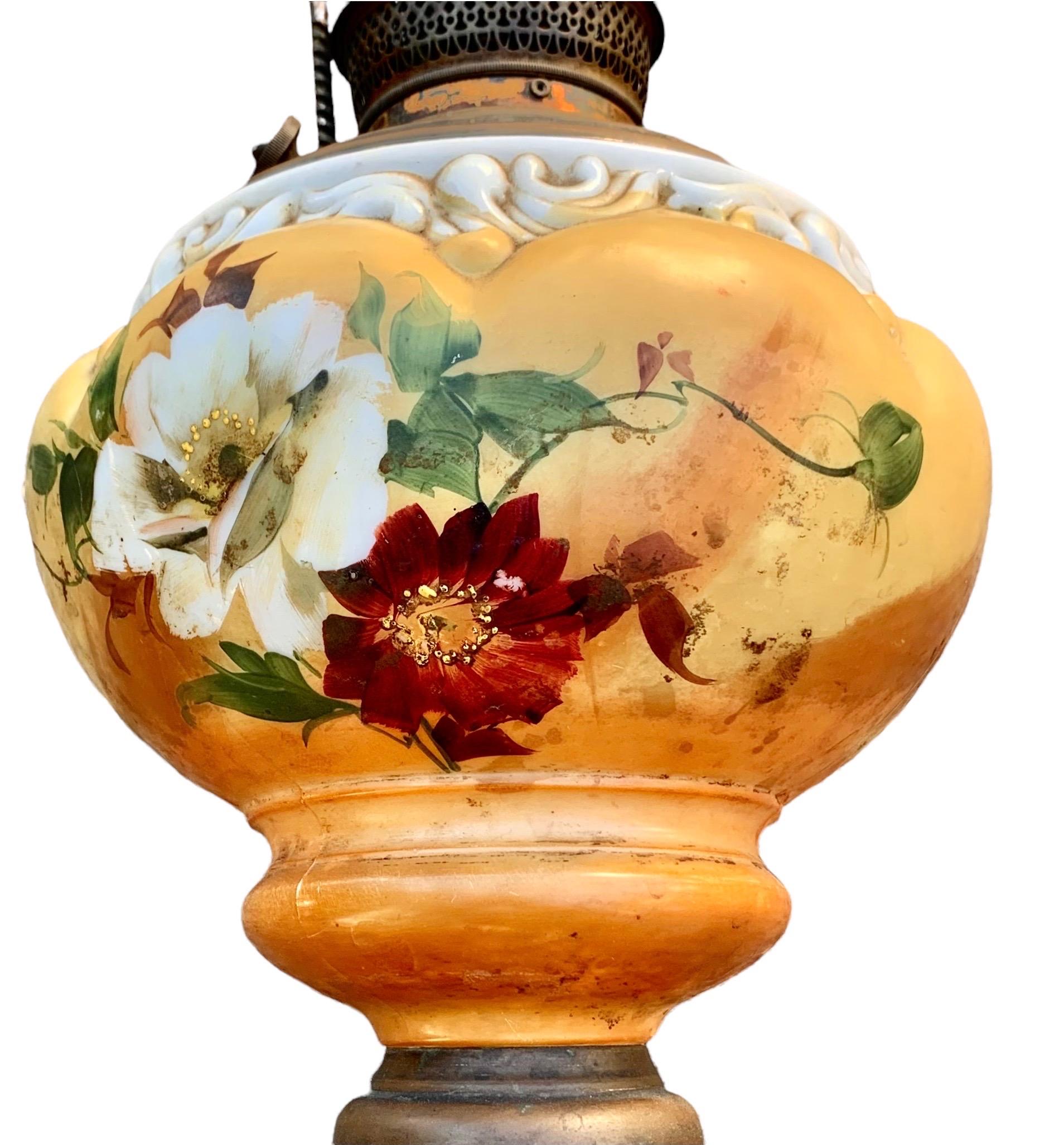 Antique American Oil Lamp With Hand Painted Font and Brass Filigree Base For Sale 4