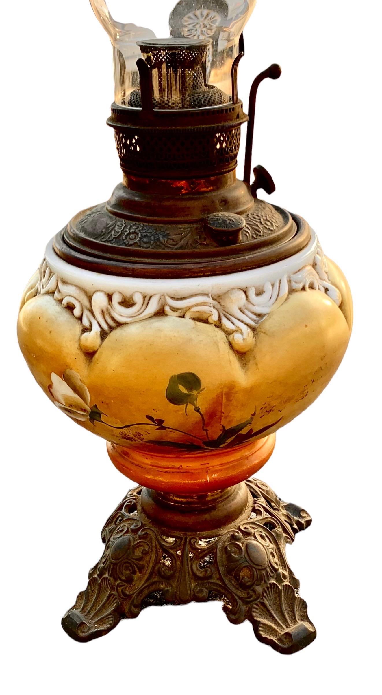 Antique American Oil Lamp With Hand Painted Font and Brass Filigree Base For Sale 7