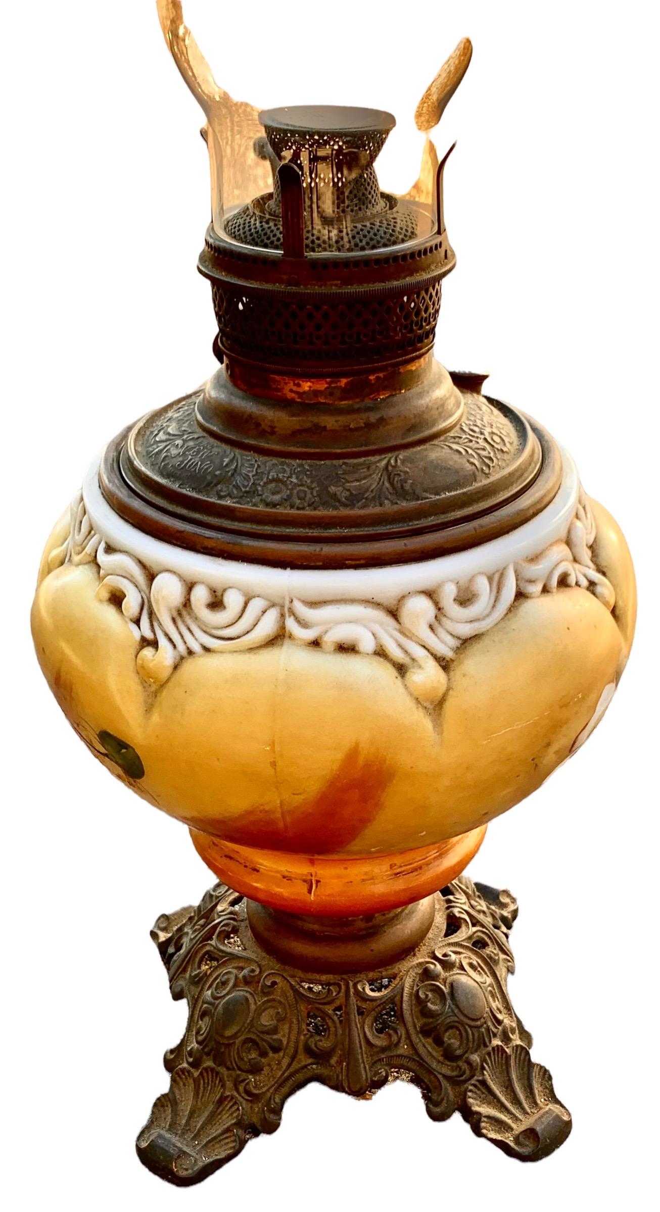 Antique American Oil Lamp With Hand Painted Font and Brass Filigree Base For Sale 8
