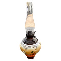 Antique American Oil Lamp With Hand Painted Font and Brass Filigree Base