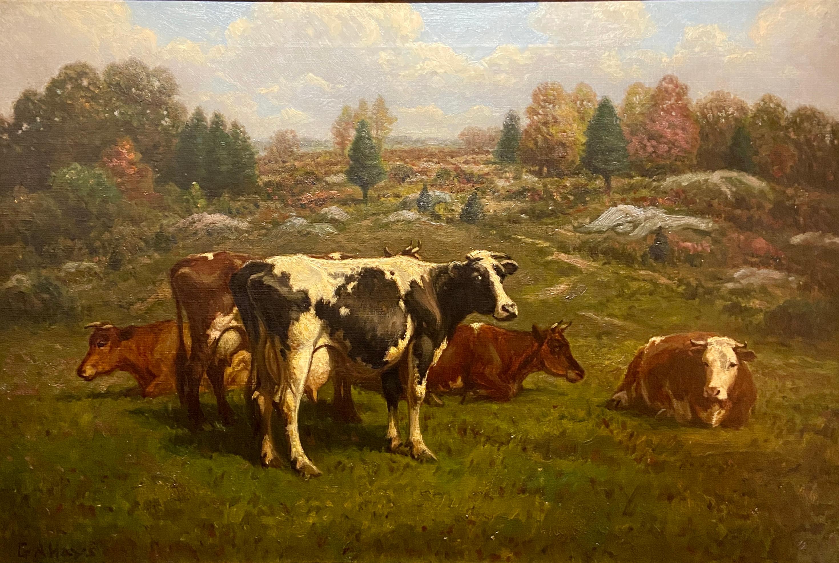 Huile sur toile américaine ancienne peinte par George Arthur Hays, Rural Pasture in Rhode Island, datée de 1910.