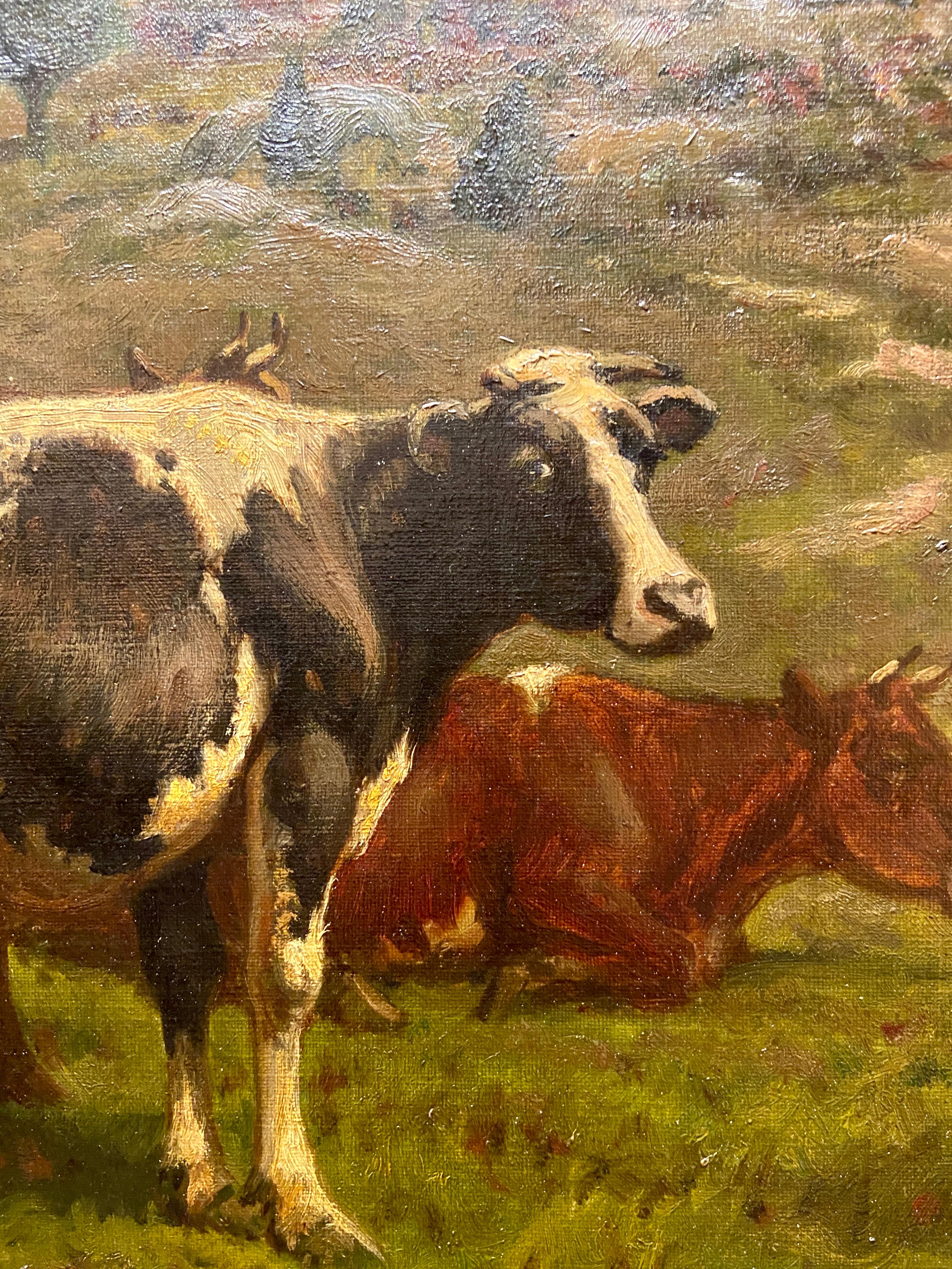 Américain Peinture américaine ancienne à l'huile sur toile par GA Hays, Pasture au Rhode Island, 1910 en vente