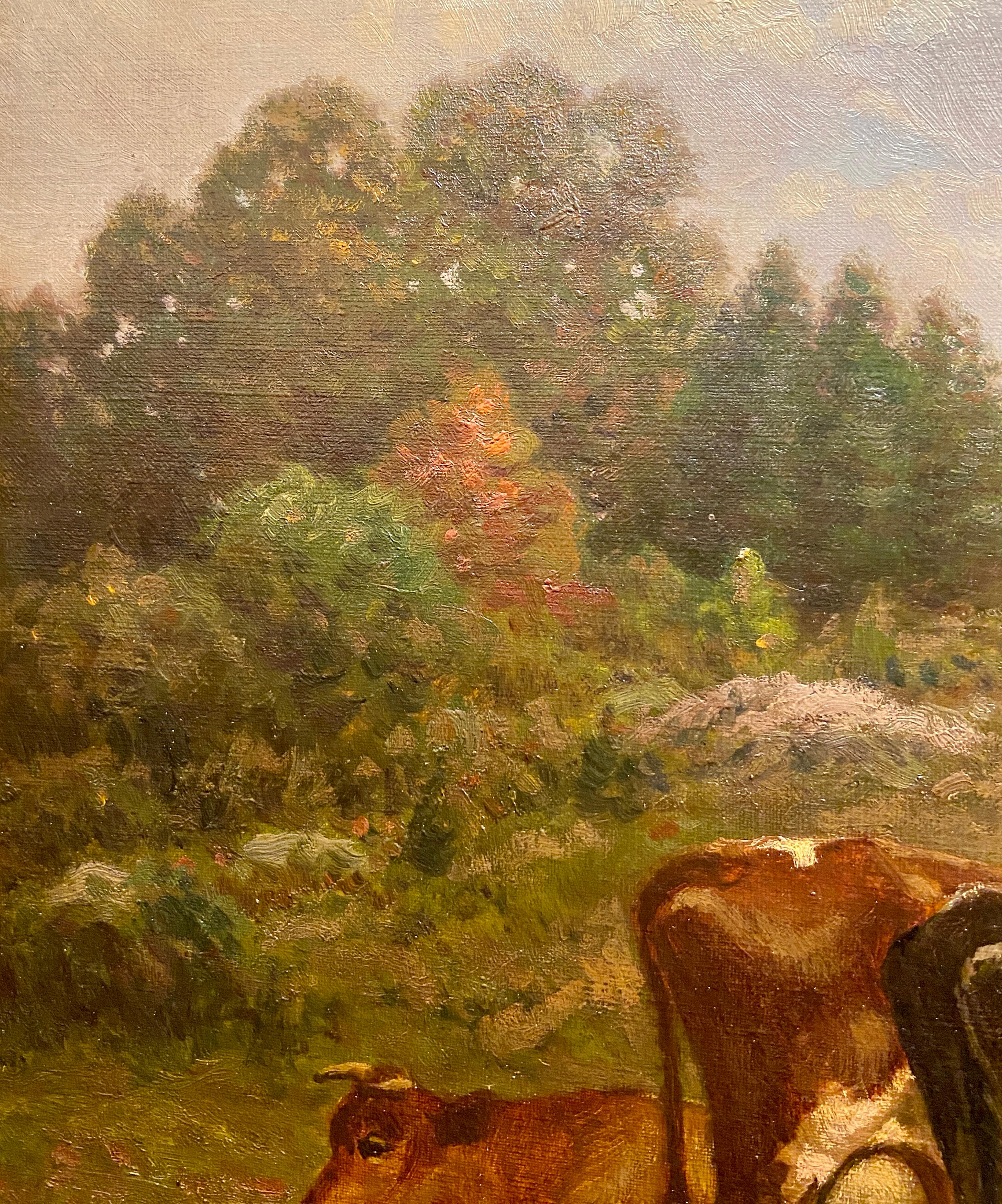 Antique American Oil on Canvas Painting by GA Hays, Pasture in Rhode Island 1910 In Good Condition For Sale In New Orleans, LA