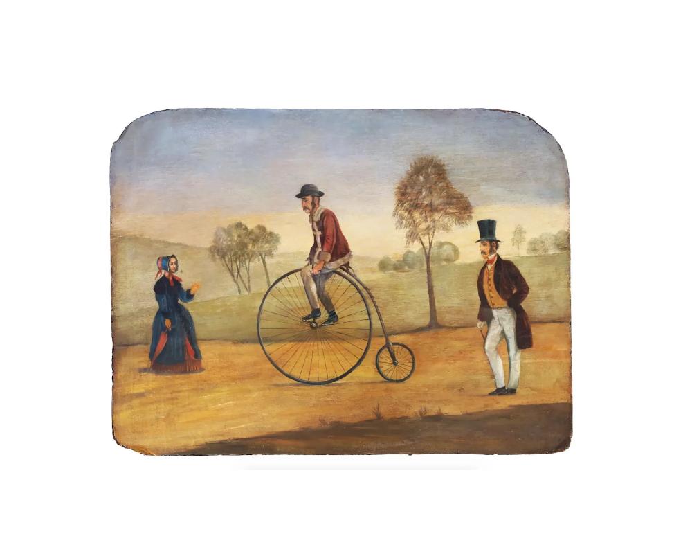 Oil on board painting depicting a man on a high wheel bicycle, also known as Penny-farthing, with companion. Naive art style. Handwritten inscription The New Times And The Morning Herals 1-3.

Dimensions: Board 16 1/4 x 21 1/2 in. All measurements