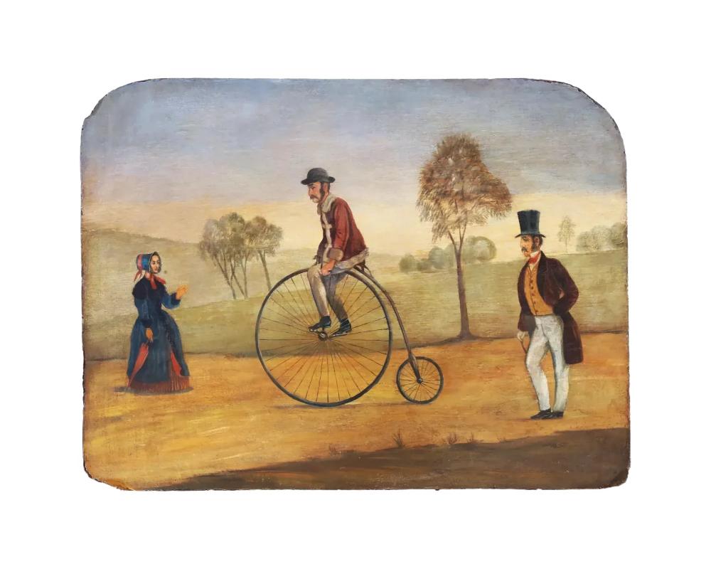 Antique American Oil Painting Of A Penny Farthing For Sale