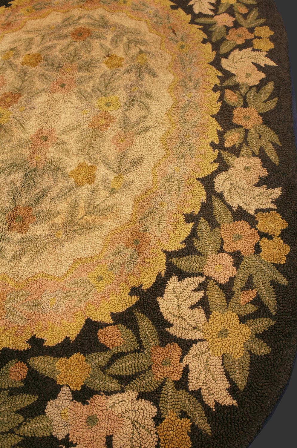 Hand-Knotted Antique American Oval Shape Hook Floral Field Rug, ca. 1920 For Sale