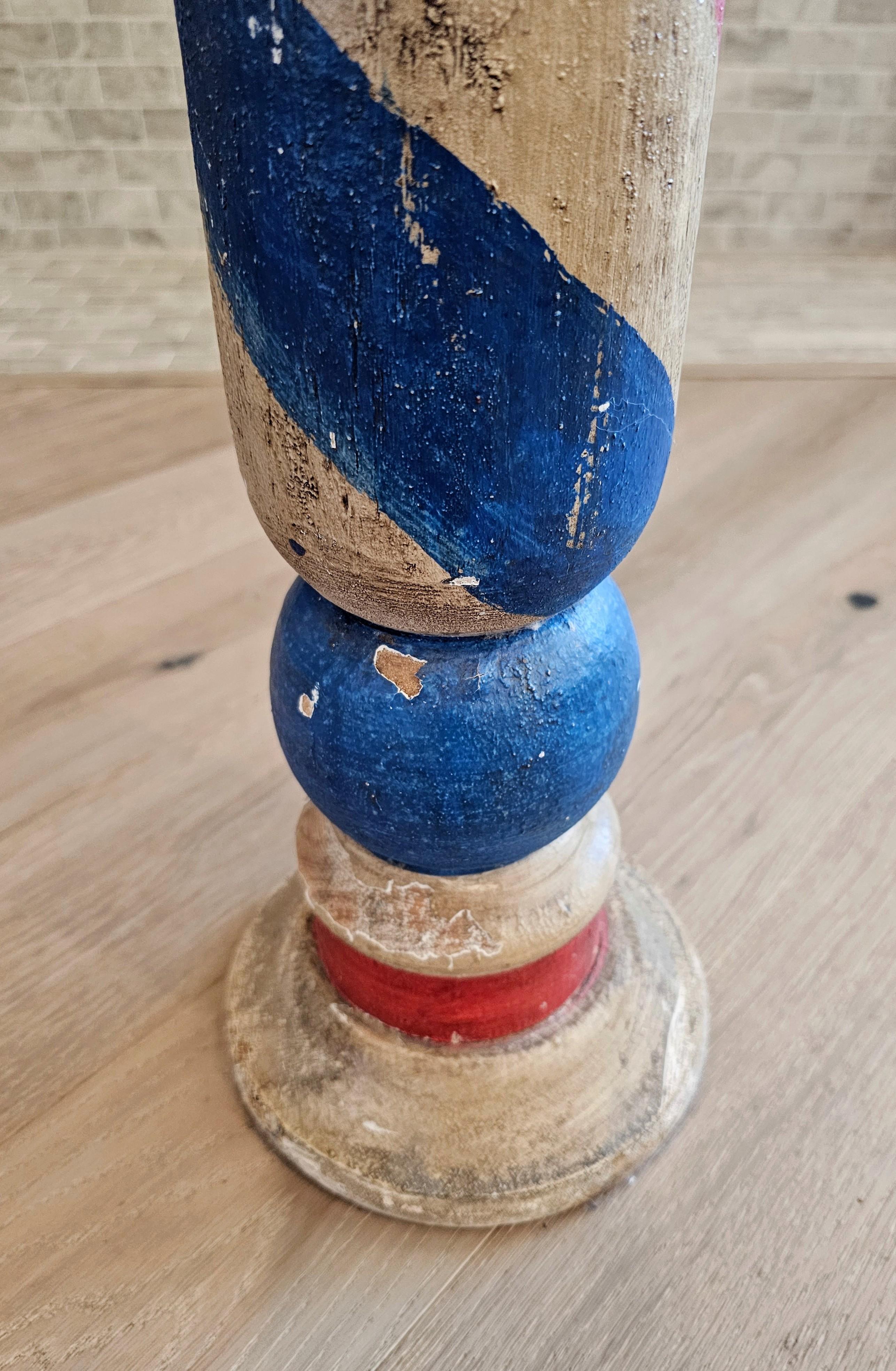 Hand-Painted Antique American Painted Wood Barbershop Pole 