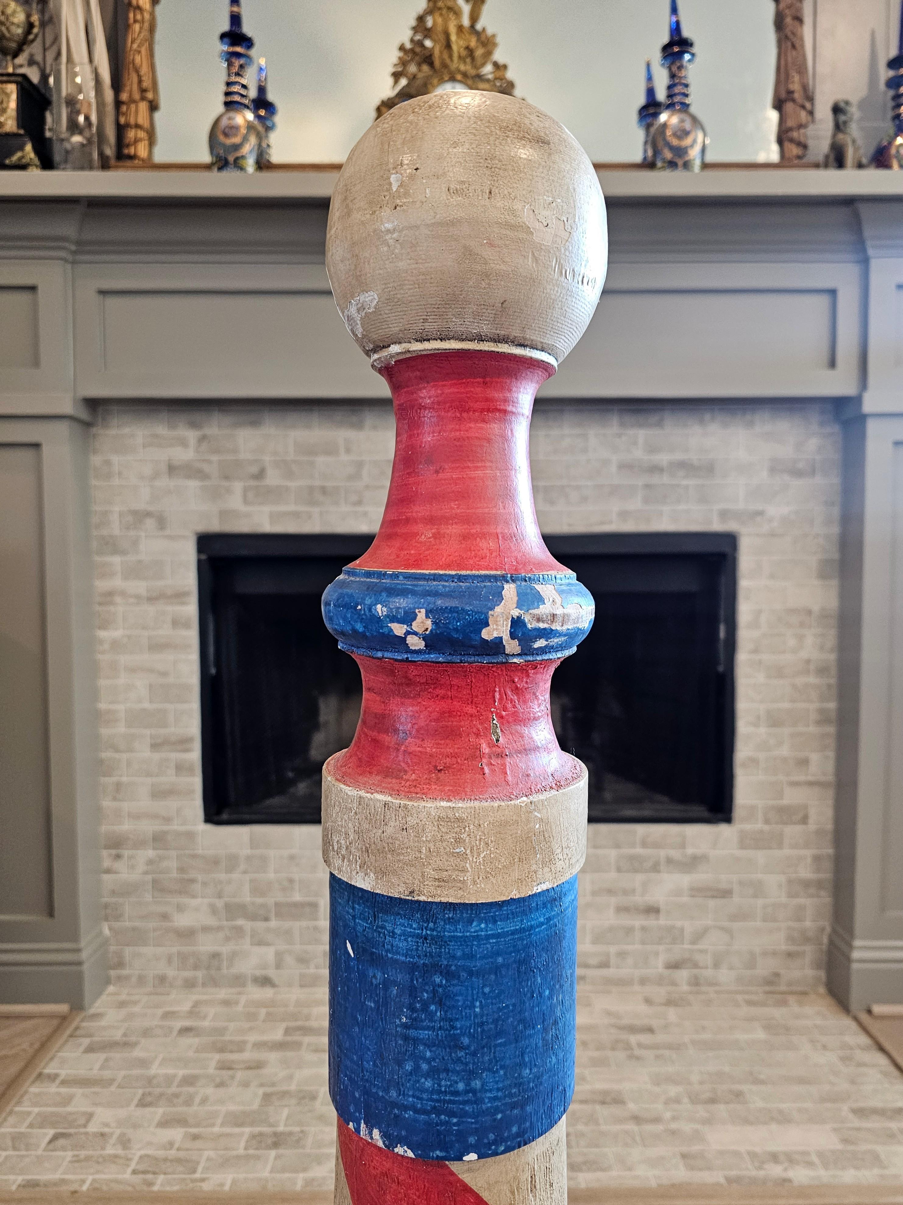 Antique American Painted Wood Barbershop Pole  In Distressed Condition In Forney, TX