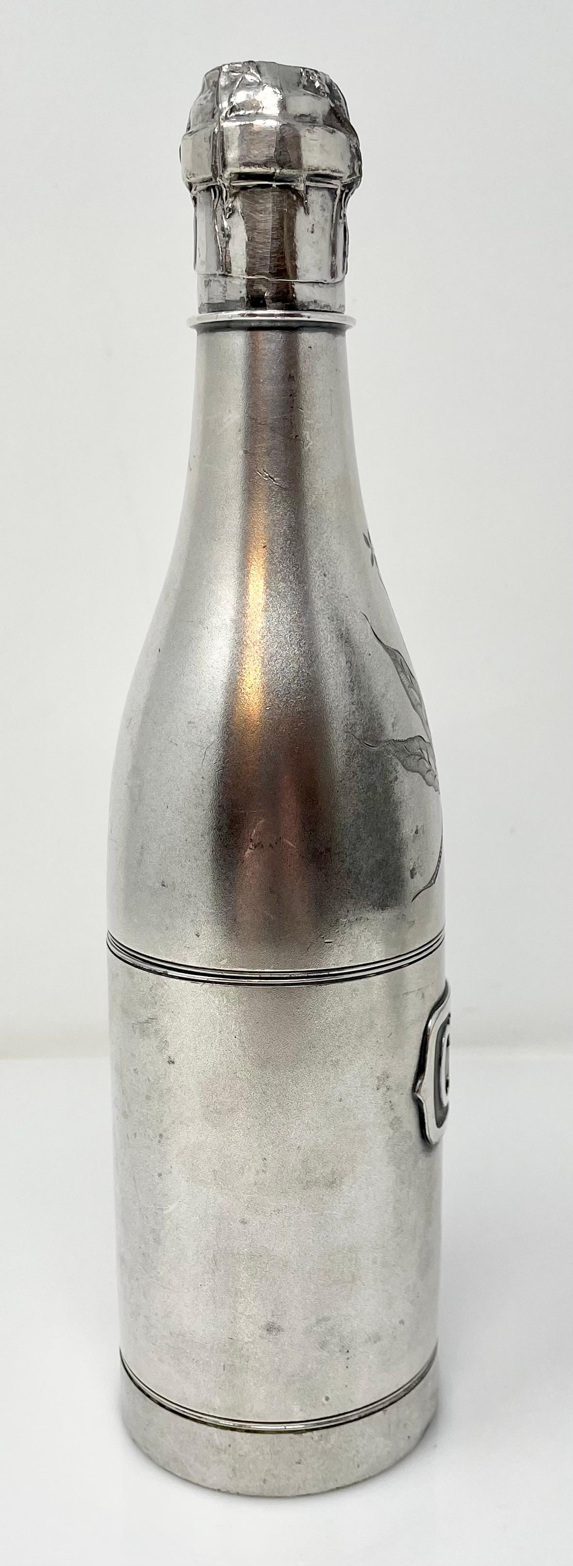 Antique American silver-plated cigar humidor champagne bottle, signed 