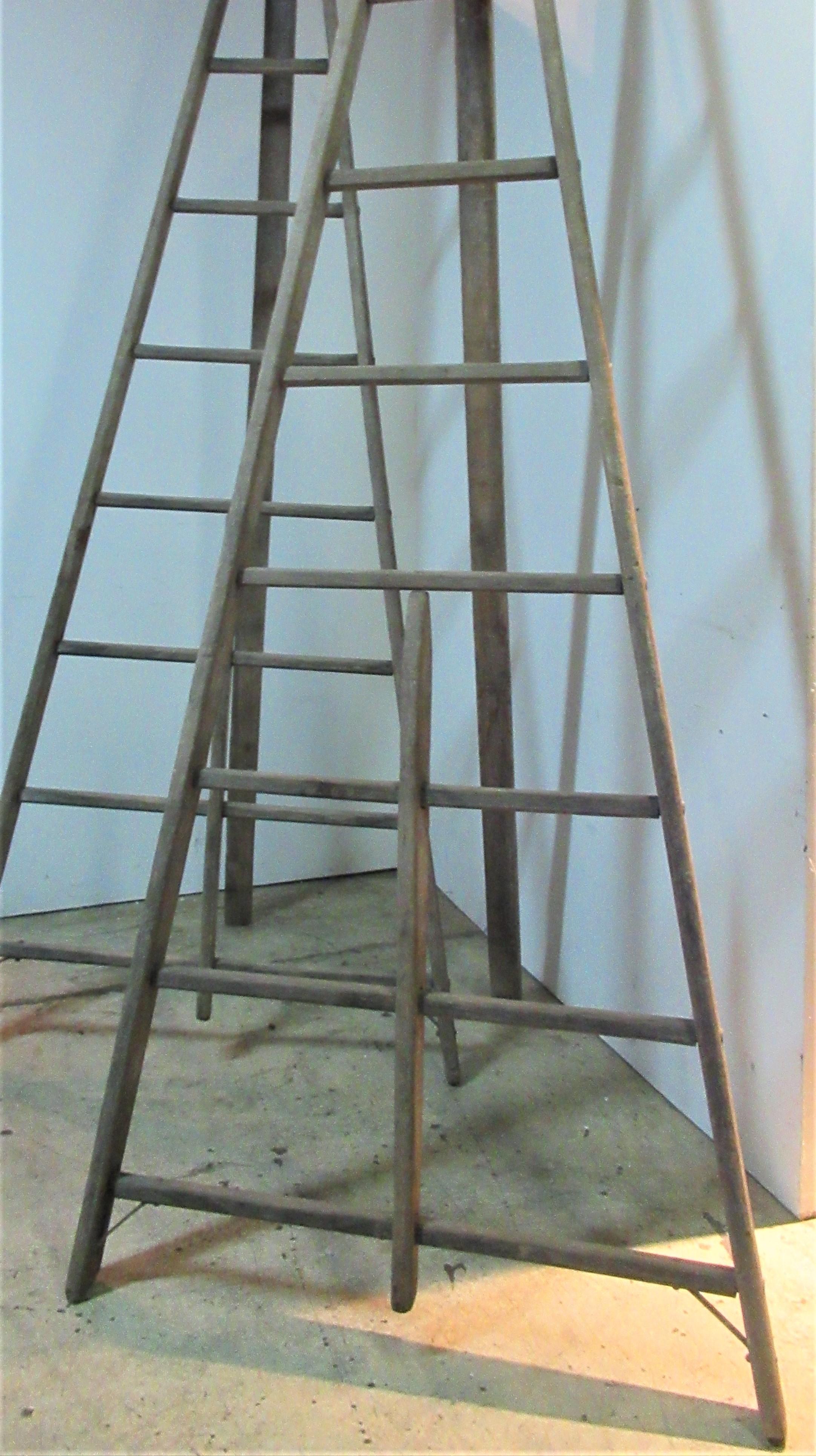 Antique American a frame peak top folding harvest ladders constructed of wood and riveted iron in overall beautifully aged old gray weathered surface. These are from a now closed old fruit farm orchard of the Lake Ontario region New York State,